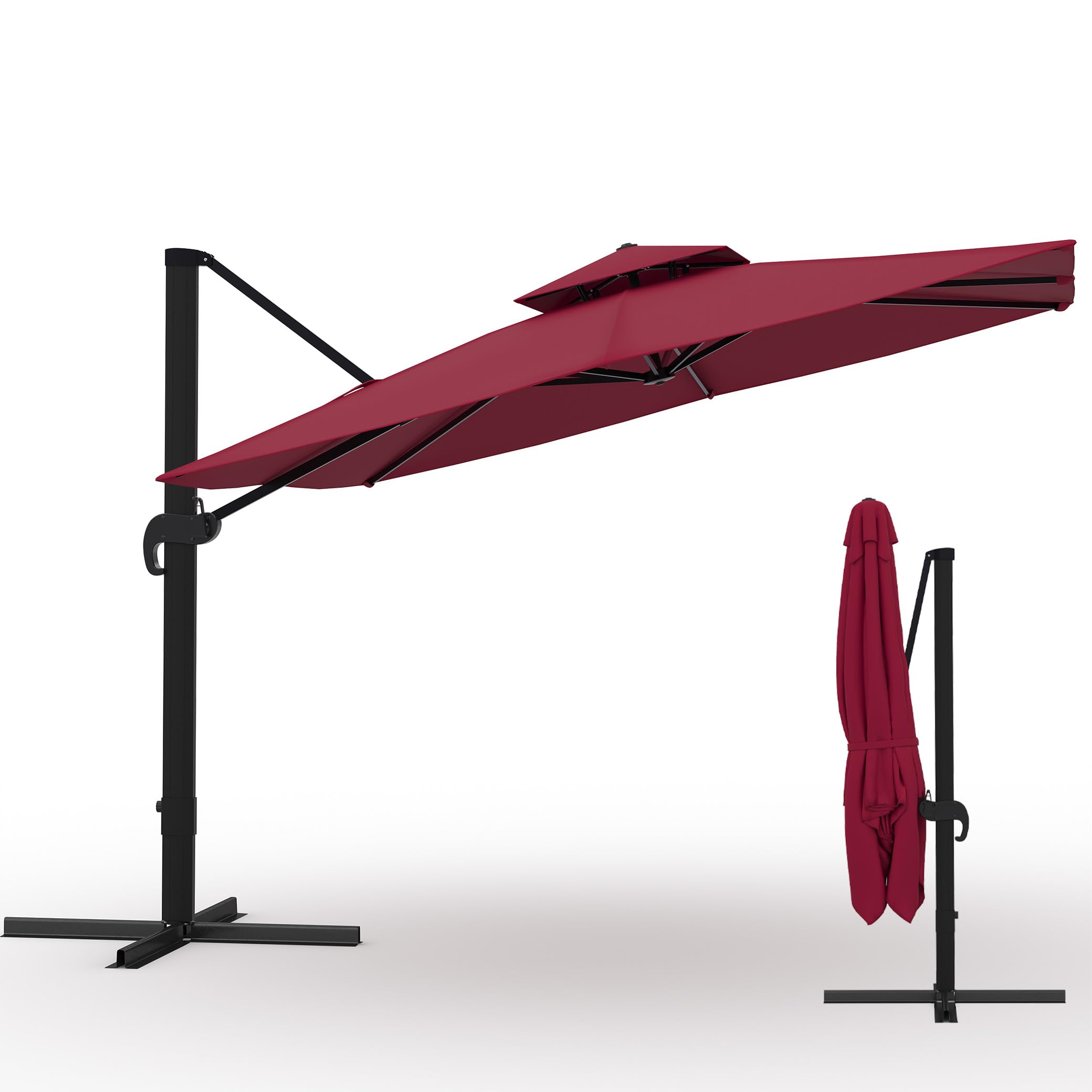 Garvee 10' × 10' Cantilever Patio Umbrella, 360° Rotating Aluminum Offset Umbrella with Adjustable Height, Burgundy Red, Base Not Included