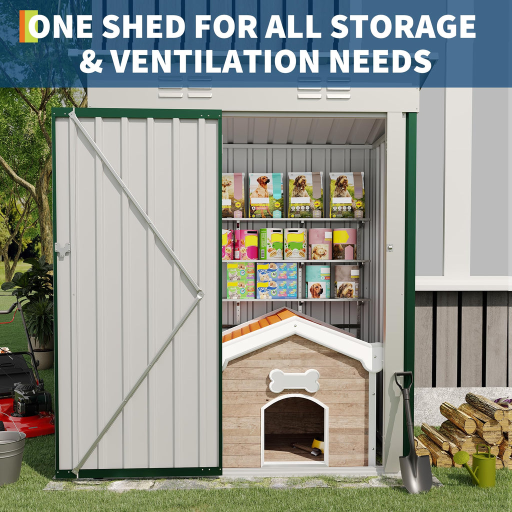 Garvee 5×3FT Metal Outdoor Storage Shed, 67 Cu.Ft Weather-Resistant Galvanized Steel Garden Shed with Lockable Door, Sloped Roof & Vents, Patio Lawn Equipment Storage House, Dark Green