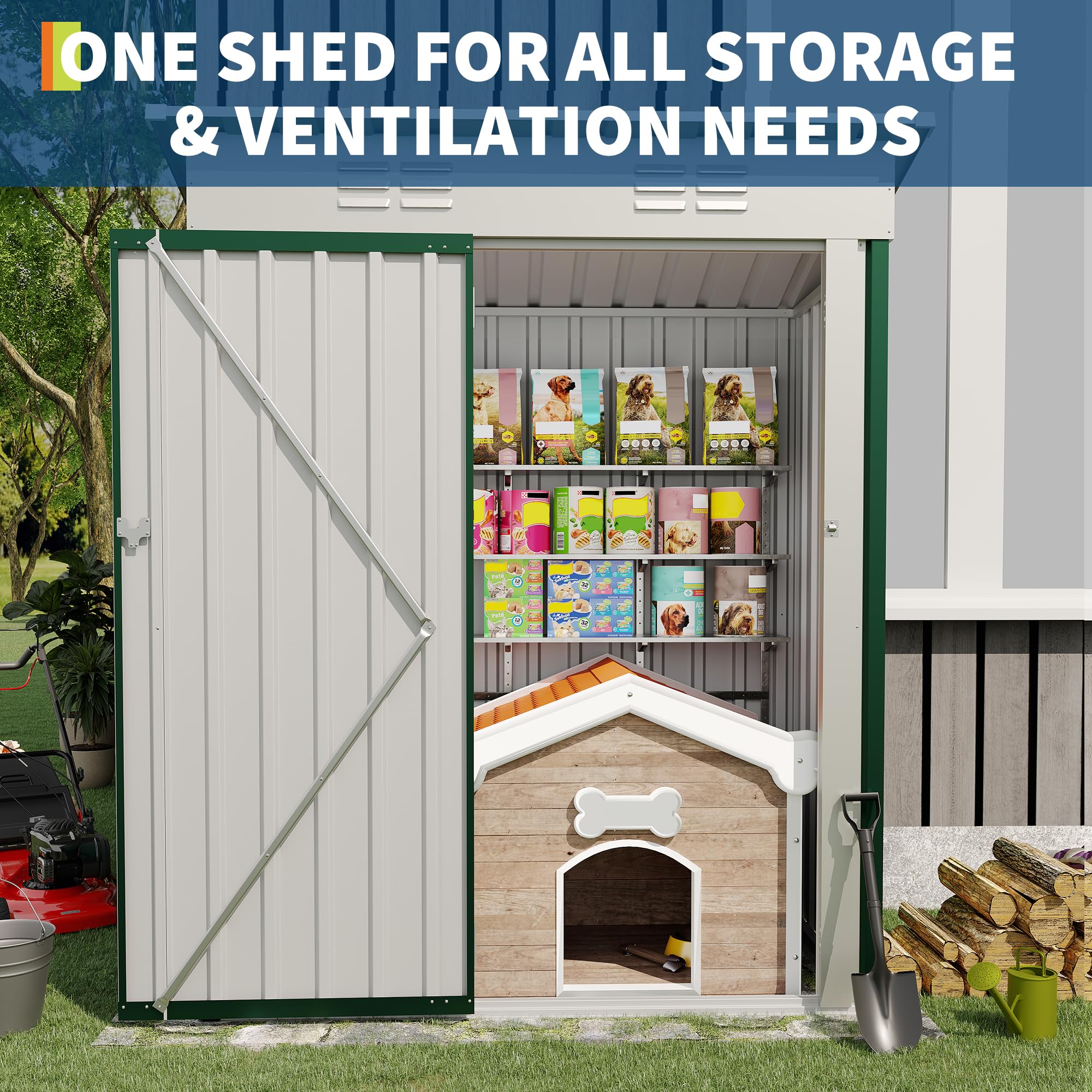 Garvee 5×3FT Metal Outdoor Storage Shed, 67 Cu.Ft Weather-Resistant Galvanized Steel Garden Shed with Lockable Door, Sloped Roof & Vents, Patio Lawn Equipment Storage House, Dark Green