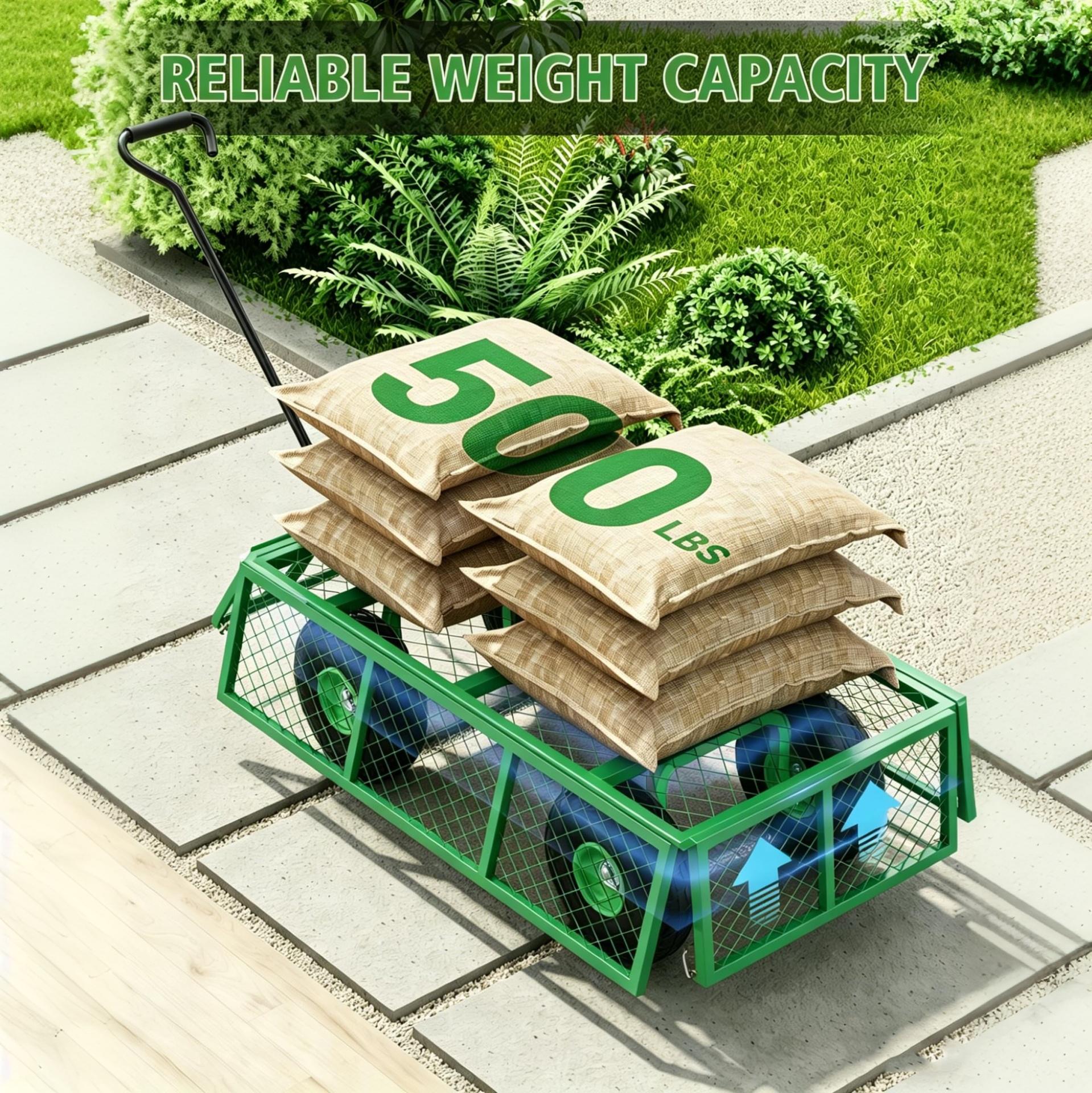 Garvee 3-in-1 Garden Cart, 500 lbs Heavy Duty Alloy Steel Utility Wagon with Removable Mesh Sides, 10 in Wheels & 180° Adjustable Handle for Yard, Lawn & Outdoor Transport, Green