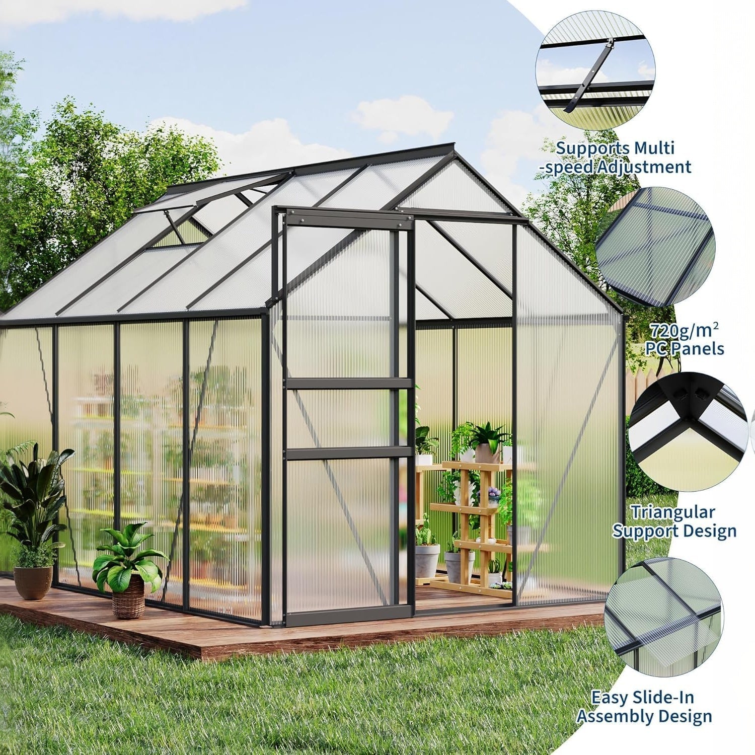 Garvee Large Polycarbonate Greenhouse for Outdoors - Durable Aluminum Frame, Sliding Lockable Door, Roof Vent, Ground Stakes - Ideal for Backyard, Patio, Lawn - 6x8 FT - Black Oxidation