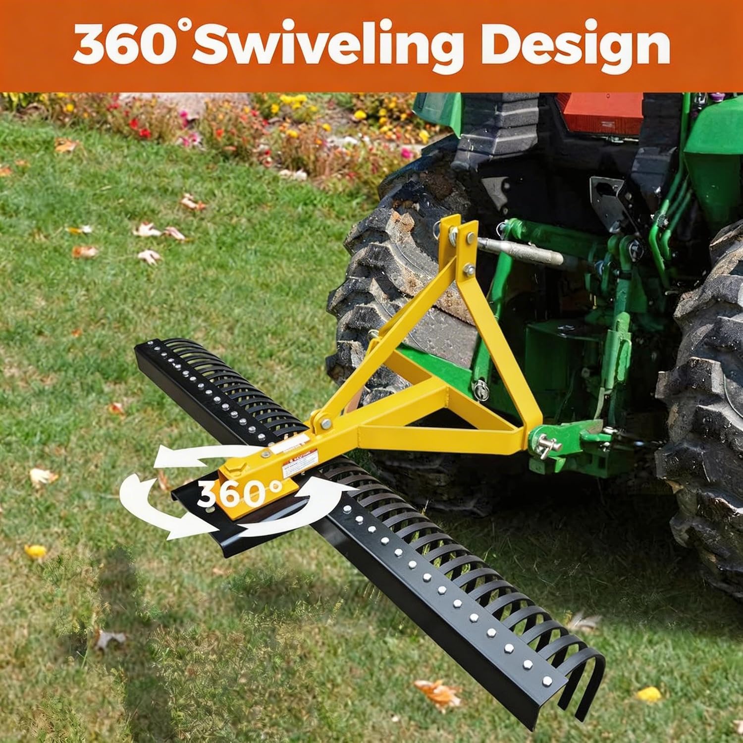 Garvee 72 Landscape Rake,Heavy Duty 3 Point Tractor Rake Fit Cat1/Cat 2, 360 Rotation Compatible,37 Steel Tines for Garden, Farm, Clearing Brush, Raking Arenas