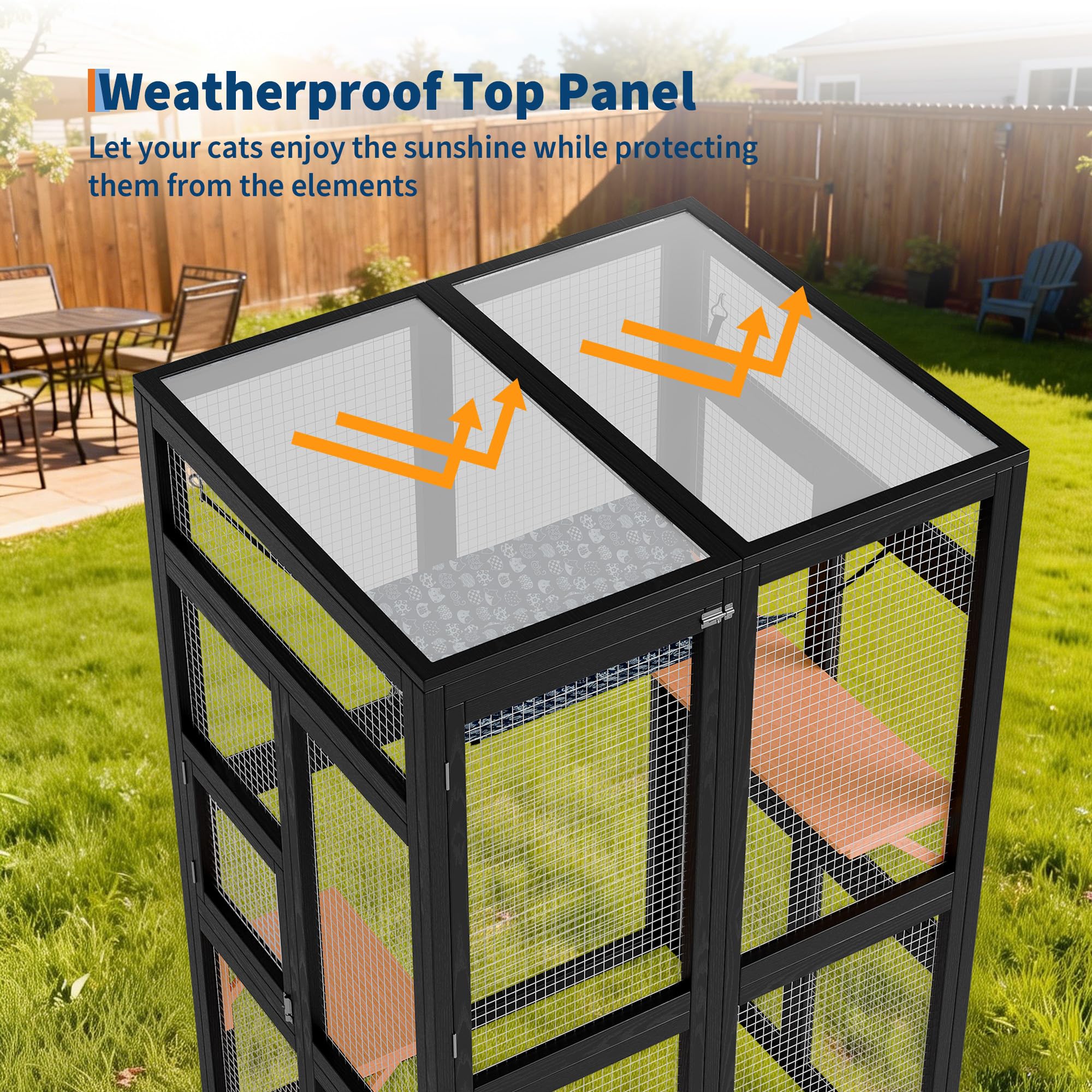 Garvee Spacious Outdoor Wooden Cat Cage, Weatherproof Roof, 2 Platforms, Hammock, Walk-In Window Access, Multi-Cat Catio Enclosure for Patio, Yard, or Indoor Use, Black