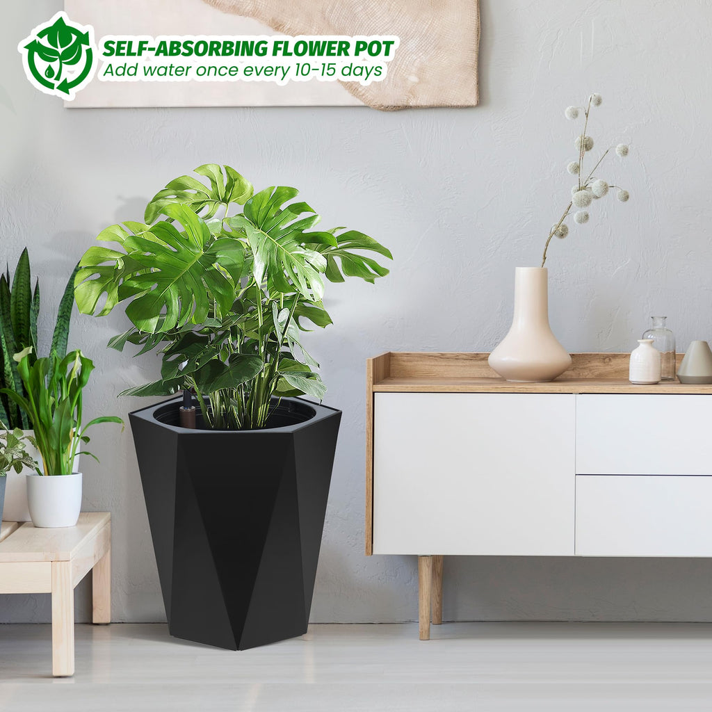 Garvee Self-Watering Planters, Set of 2 16 in Tall Resin Pots with Water Level Gauge, Double Tray, Hidden Wheels & 14-Day Reservoir for Indoor Outdoor Patio, Porch & Office, Black