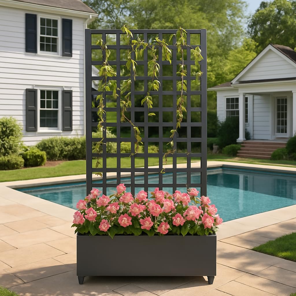 Garvee Galvanized Metal Raised Garden Bed with Square Lattice Trellis and Wheels – Outdoor Planter Box for Climbing Plants, Vines, Vegetables – Privacy Screen, Drainage Holes – Black – Size: Large