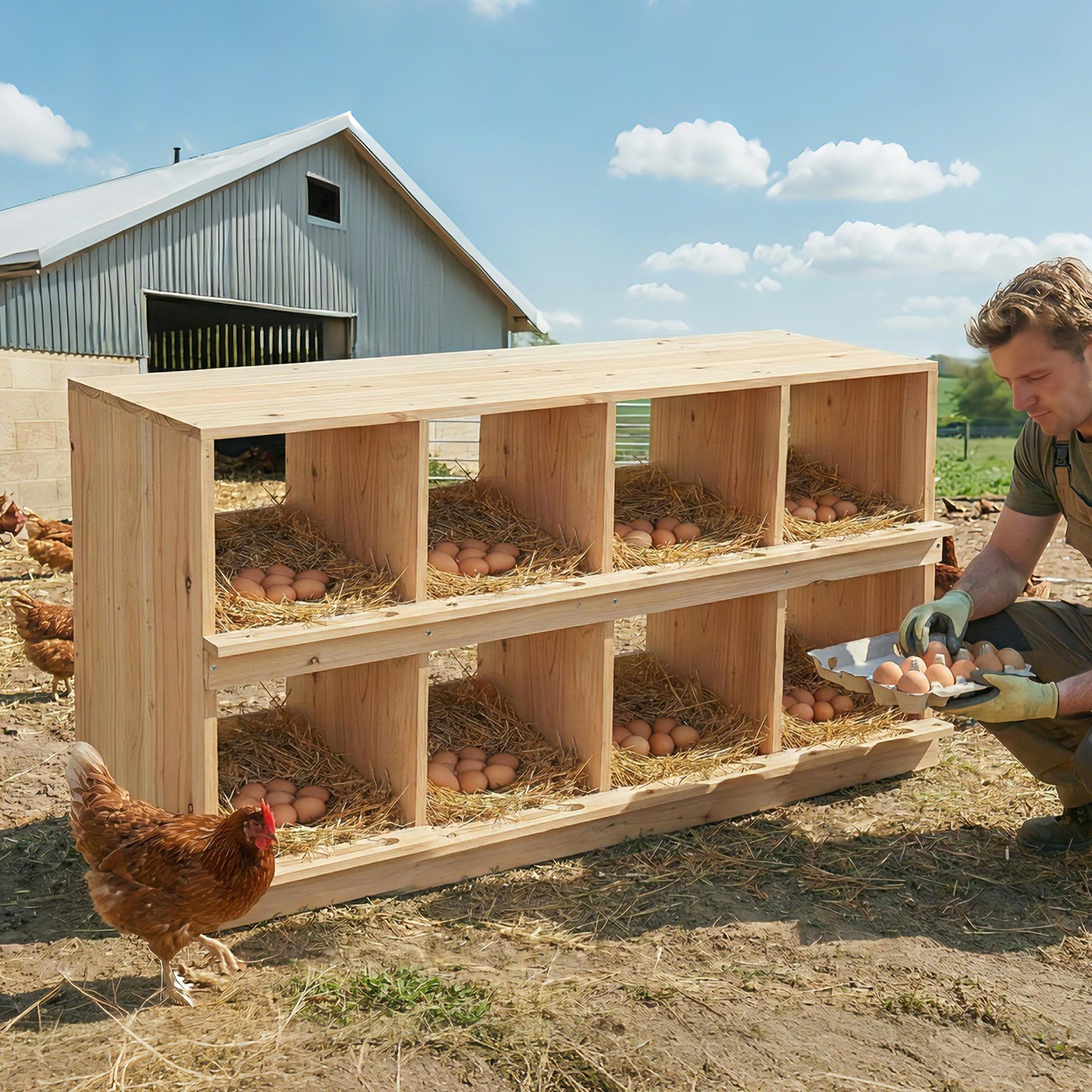 Garvee Wooden Chicken Nesting Box, Double Layer for Poultry Coops – 8-Compartment, 2-Tier – Wall-Mounted or Floor-Standing – Heavy Duty with Perch – Easy Egg Collection – Egg-Roll-Proof Design – For Hens, Ducks, Backyard & Poultry Farms – Specs: Double