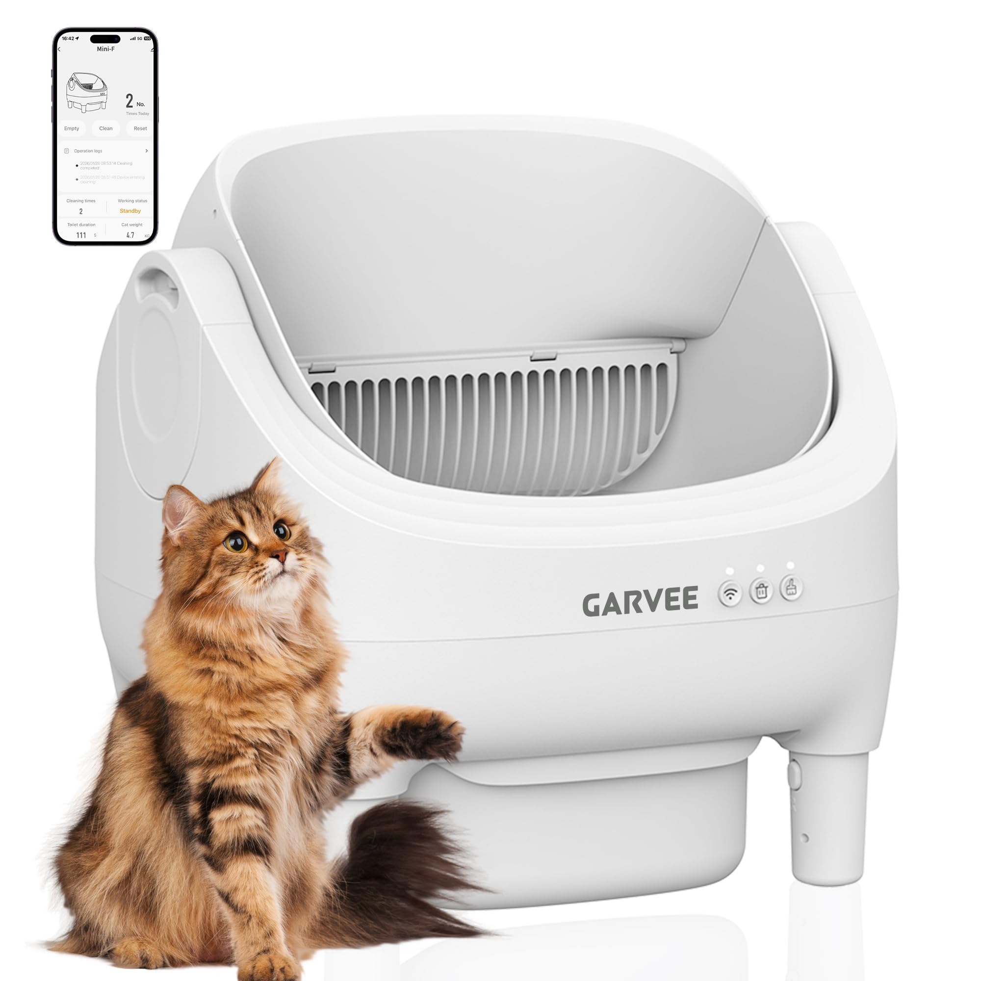 Garvee Self-Cleaning Cat Litter Box with App Control, Automatic Litter Box with Odor-Free 10.5L Bin, Whisper-Quiet, 7-Layer Safety, Open-Top Design for Large & Multiple Cats, White