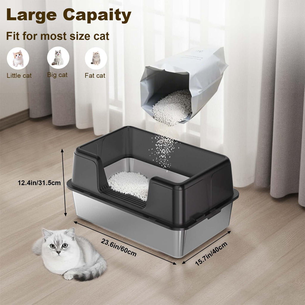 Garvee Stainless Steel Litter Box with Lid, High Side Metal Litter Boxes for Big Cats, Extra Large Litter Pan Tray, Easy Clean, Odor Control Cat Toilet with Scoops, Black