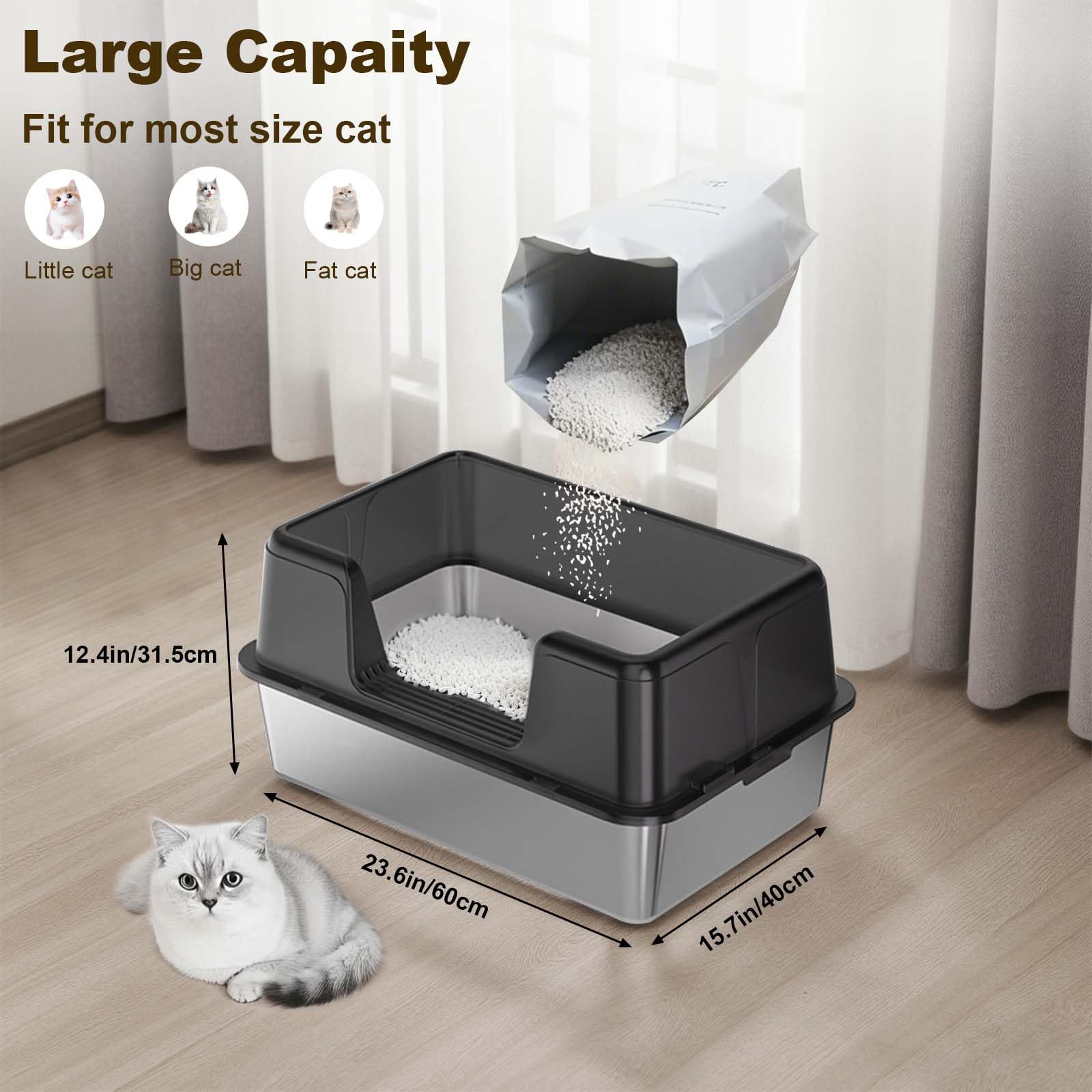 Garvee Stainless Steel Litter Box with Lid, High Side Metal Litter Boxes for Big Cats, Extra Large Litter Pan Tray, Easy Clean, Odor Control Cat Toilet with Scoops, Black