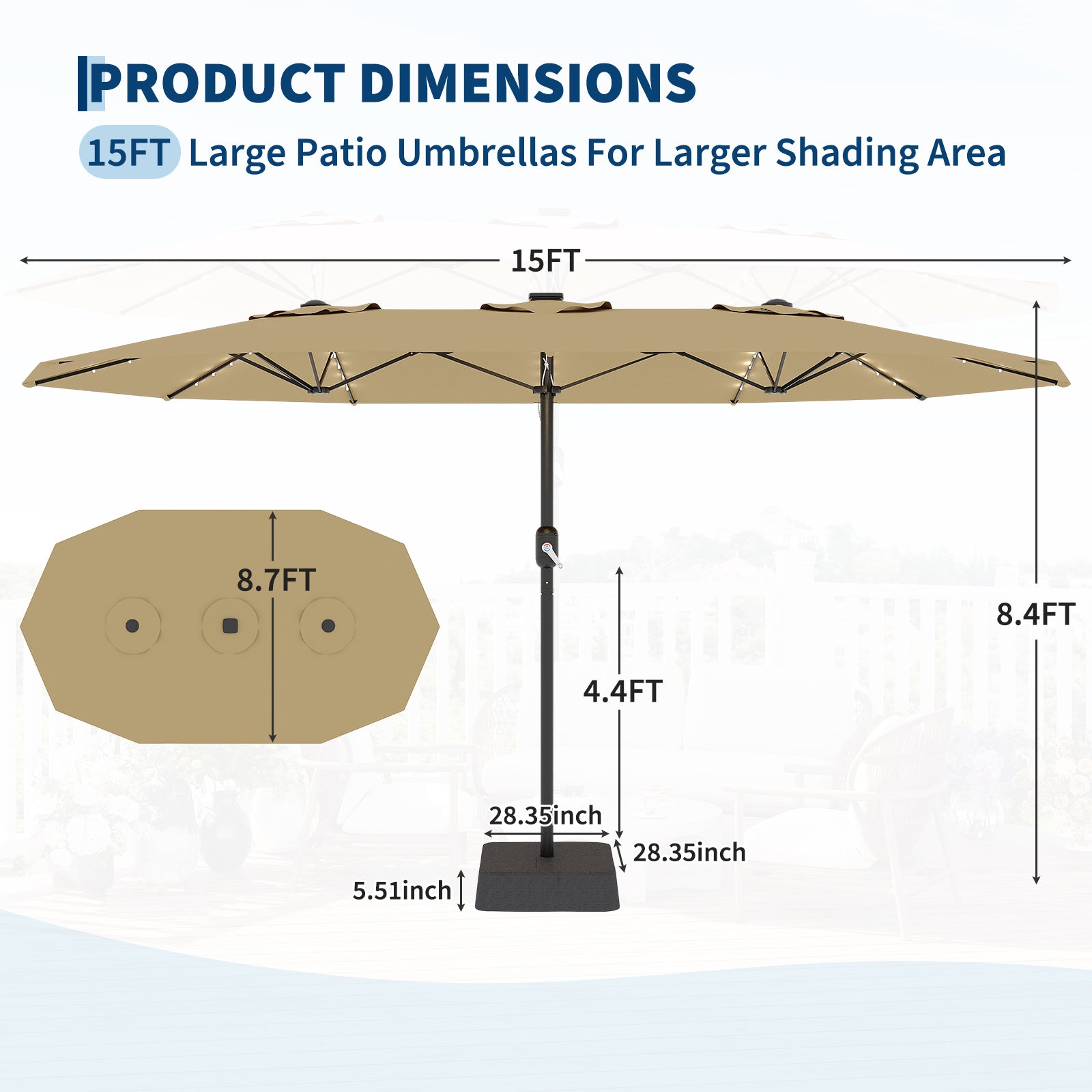 Garvee 15' Rectangular Patio Umbrella with Solar LED Lights & Base, Crank Handle UV-Resistant Outdoor Market Umbrella for Backyard, Pool & Patio, Tan
