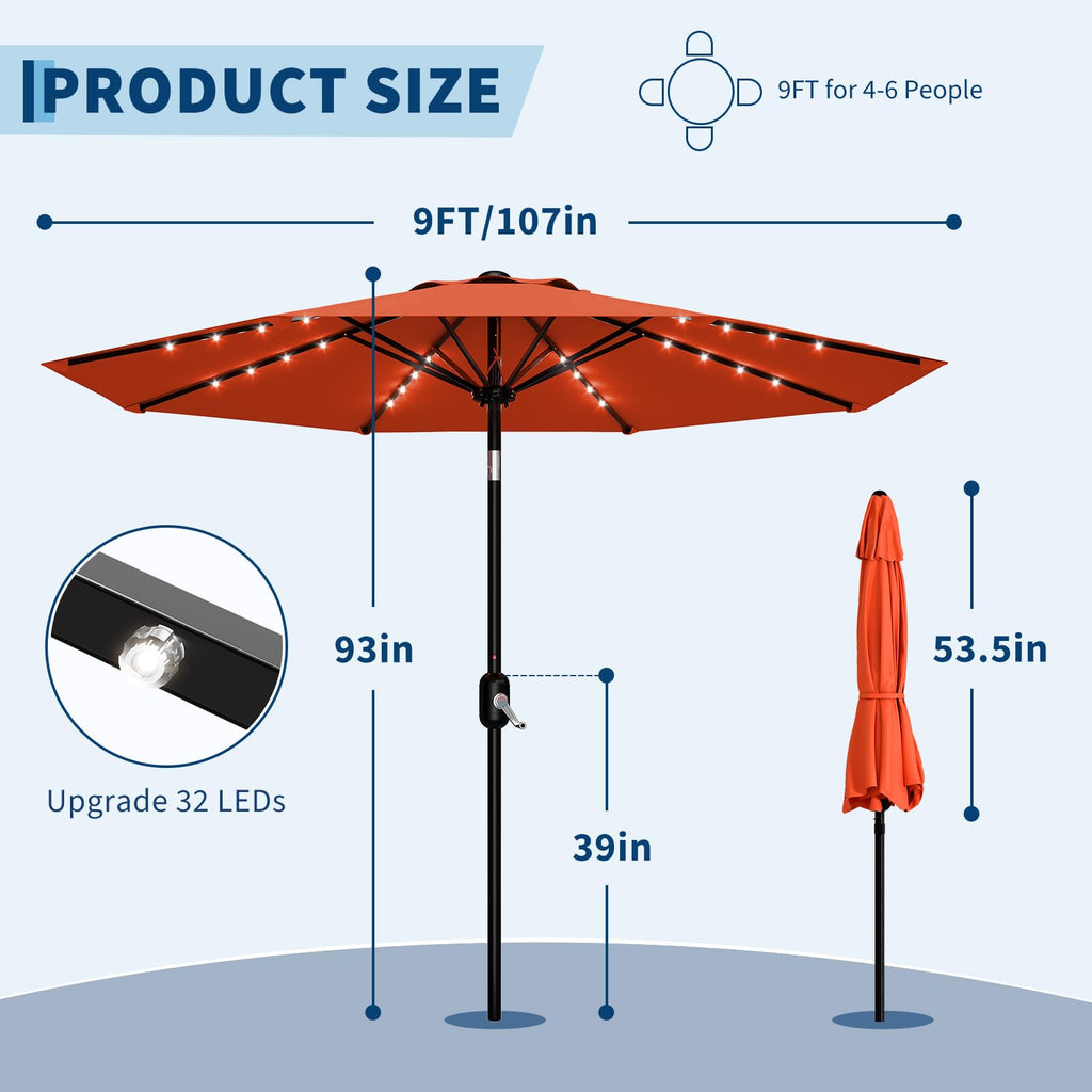 Garvee 9FT Solar LED Patio Umbrella with 32 Lights, Tilt & Crank Outdoor Market Umbrella, UV & Water Resistant, 8 Ribs Sunshade for Garden, Deck, Pool & Table, Orange