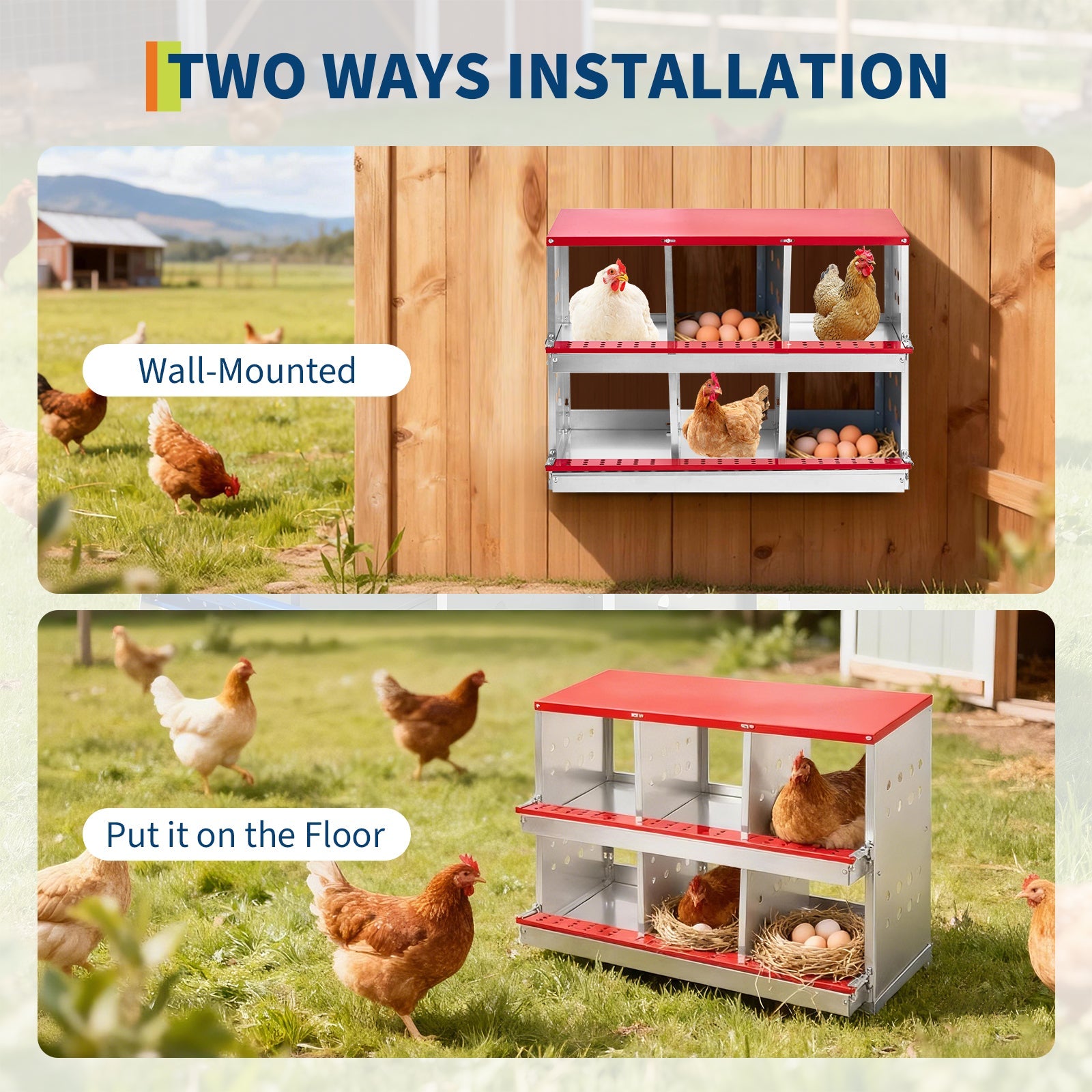 Garvee 6-Compartment Galvanized Steel Chicken Nesting Box – Rollaway Egg Collection, Turn-Over Lid, Red