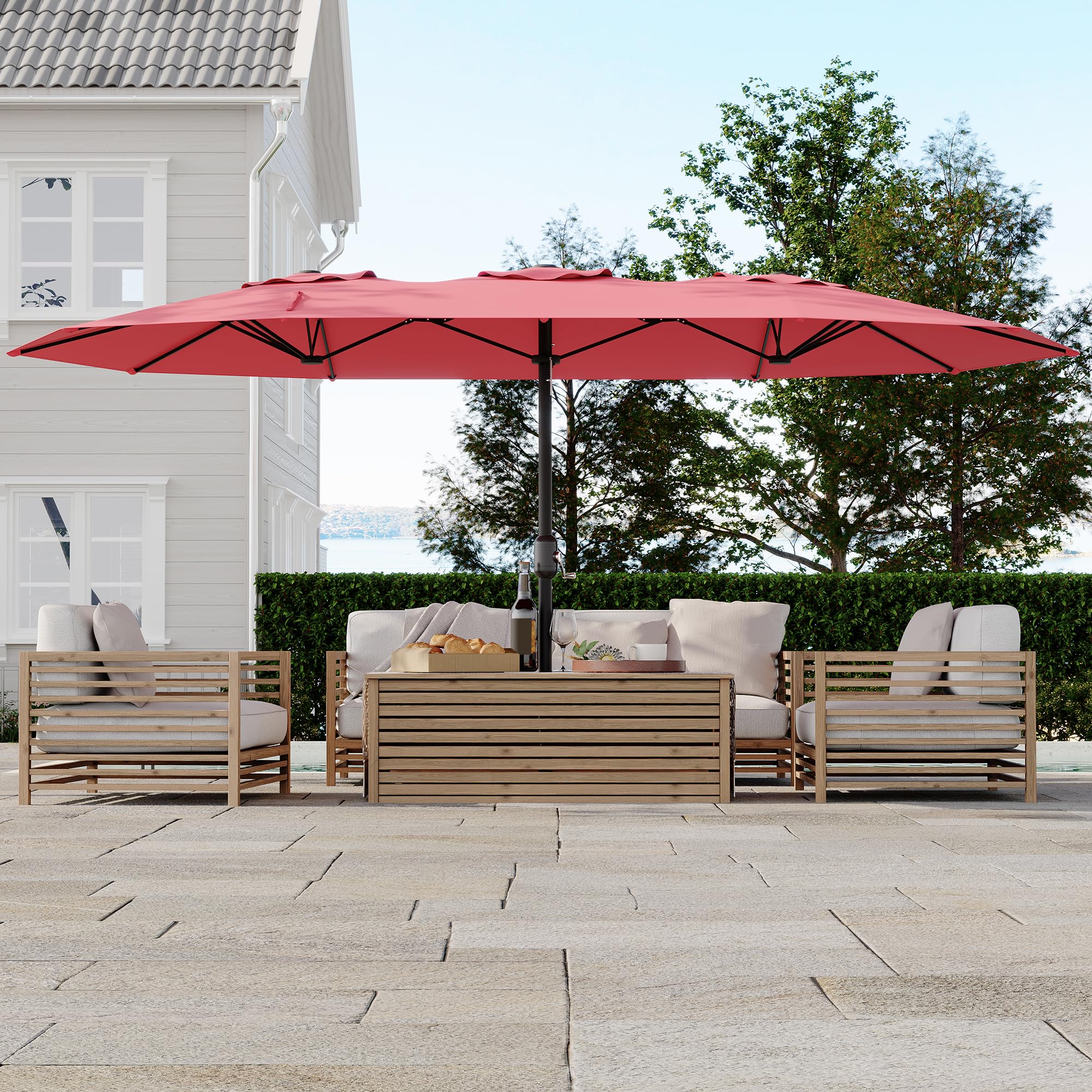Garvee 15' Double-Sided Rectangular Patio Umbrella with Base, Large Outdoor Pool Umbrella, Red