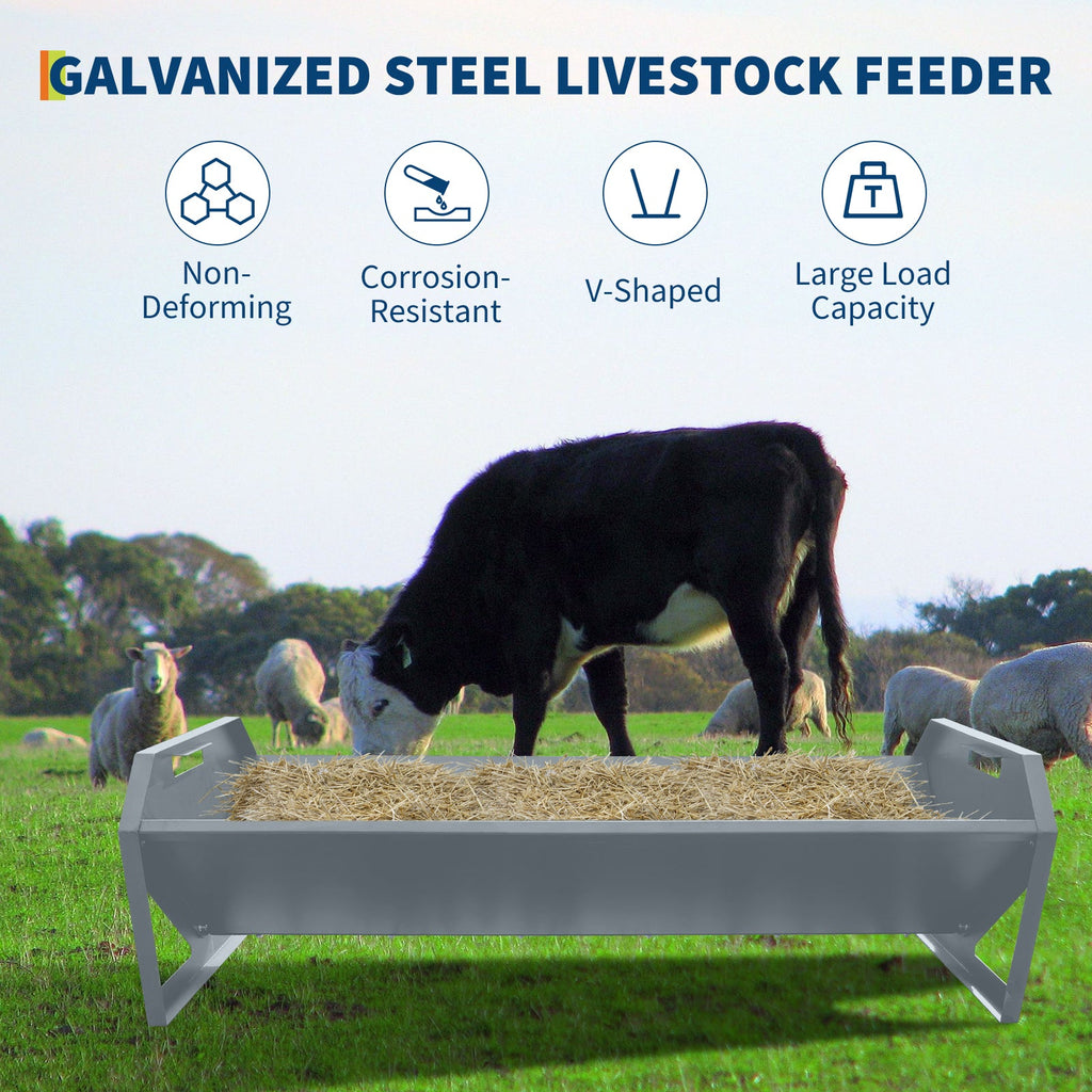 Garvee Livestock Feeder, 45.13" Hay Feeder for 10 Sheep Once, Heavy Duty 22 Gallon Capacity Livestock Feeding Trough for Horse, Goat, Sheep, Cattle, Cow, Alpaca, Silver