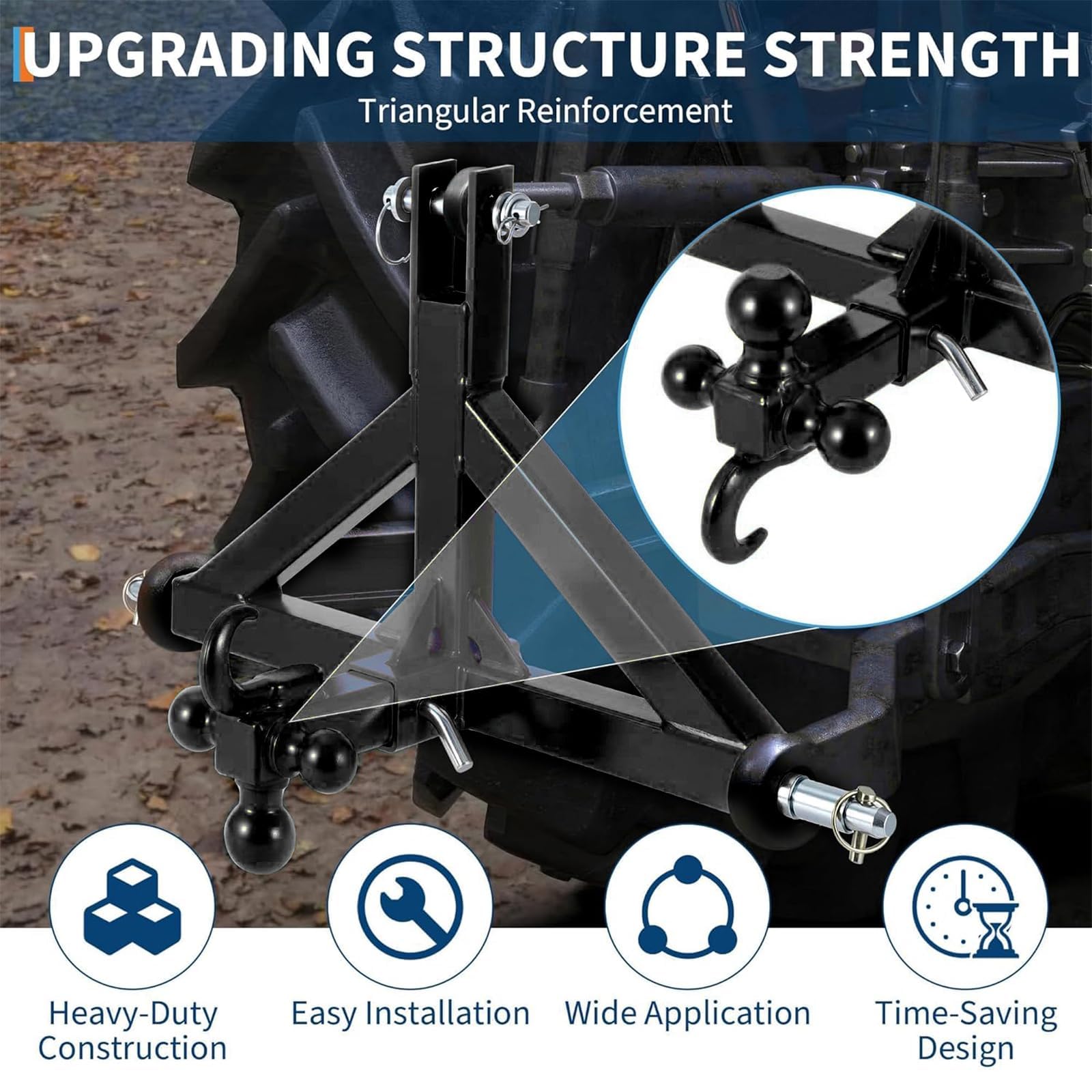 Garvee 3 Point Trailer Hitch 2" Receiver with Towing Ball & Hook Heavy Duty Cat.1 Steel Quick Hitch Attachment for Kubota Subcompact Tractor Farm Use