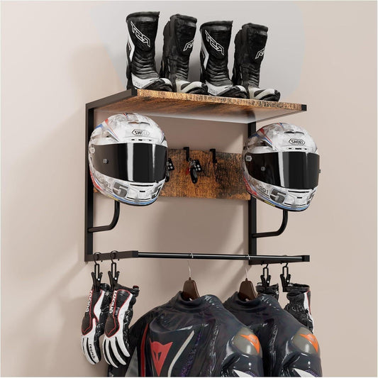 Garvee Wall-Mounted Helmet Rack Organizer for Motorcycle & Cycle – 4 Holders with 4 Integrated Hooks – Sturdy Space-Saving Storage for Garage or Entryway – Easy Install – Melamine Board
