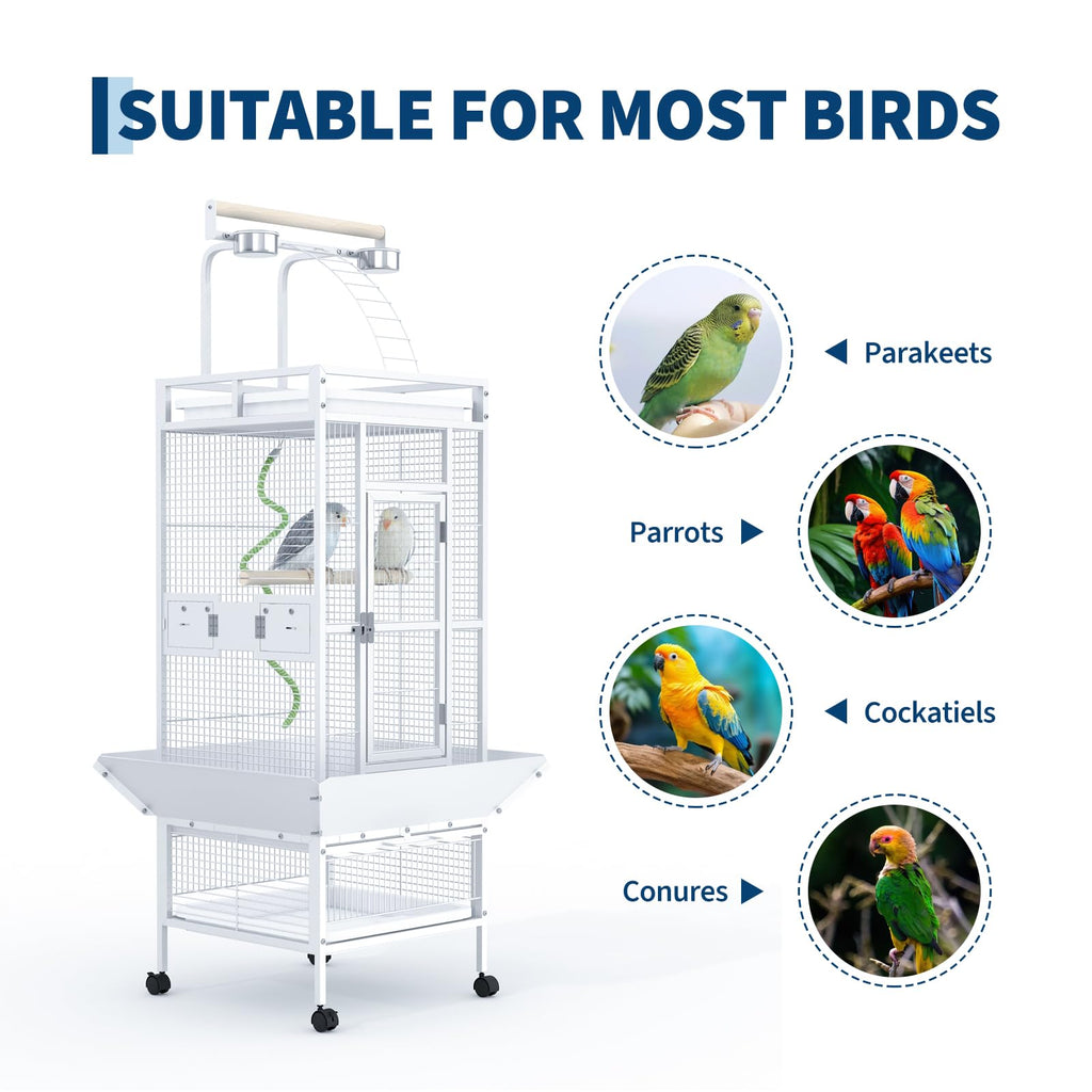 Garvee 60"h Bird Cage, Parakeet Cage with Playtop, Bird Rope Perche, Feed Bowls, White Parrot Cage for Parakeets, Conures, Cockatiel, Cockatoo