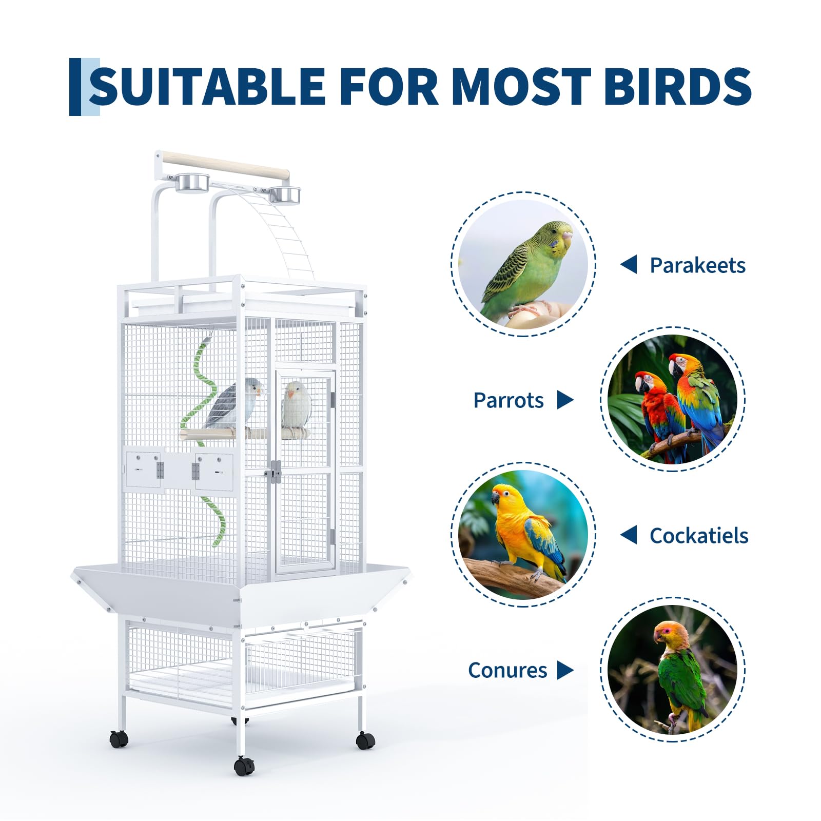 Garvee 60"h Bird Cage, Parakeet Cage with Playtop, Bird Rope Perche, Feed Bowls, White Parrot Cage for Parakeets, Conures, Cockatiel, Cockatoo