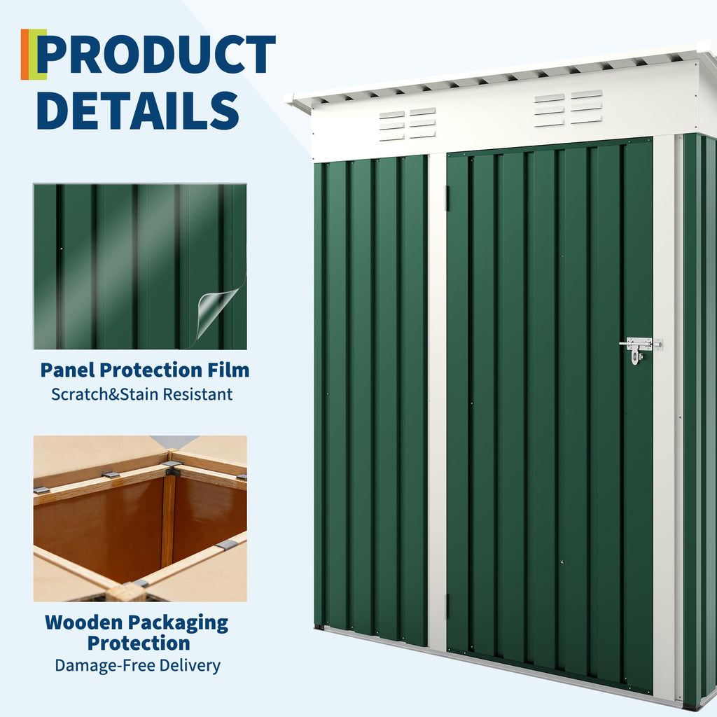 Garvee 5×3FT Metal Outdoor Storage Shed, 67 Cu.Ft Weather-Resistant Galvanized Steel Garden Shed with Lockable Door, Sloped Roof & Vents, Patio Lawn Equipment Storage House, Dark Green