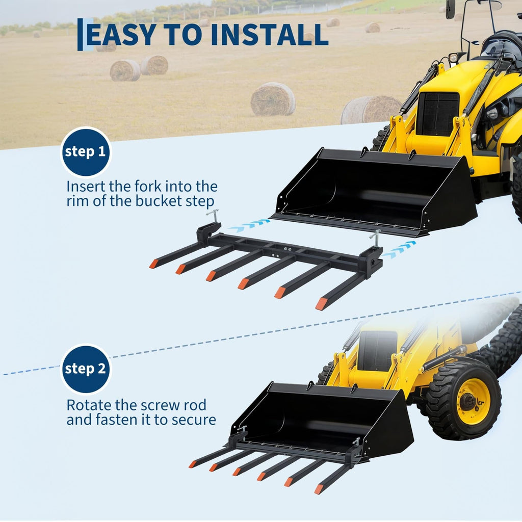 Garvee 60" Tractor Bucket Debris Fork Attachment, 6-Tine Clamp-On Forks for Farm and Yard Cleanup