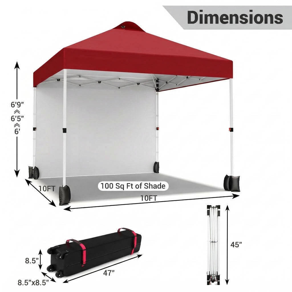 Garvee 10 × 10 FT Pop Up Canopy Tent, 150D Oxford Fabric, UPF 50+ Vented Roof, 1 Sidewall, 3 Adjustable Heights and Roller Bag for Outdoor Events, Red