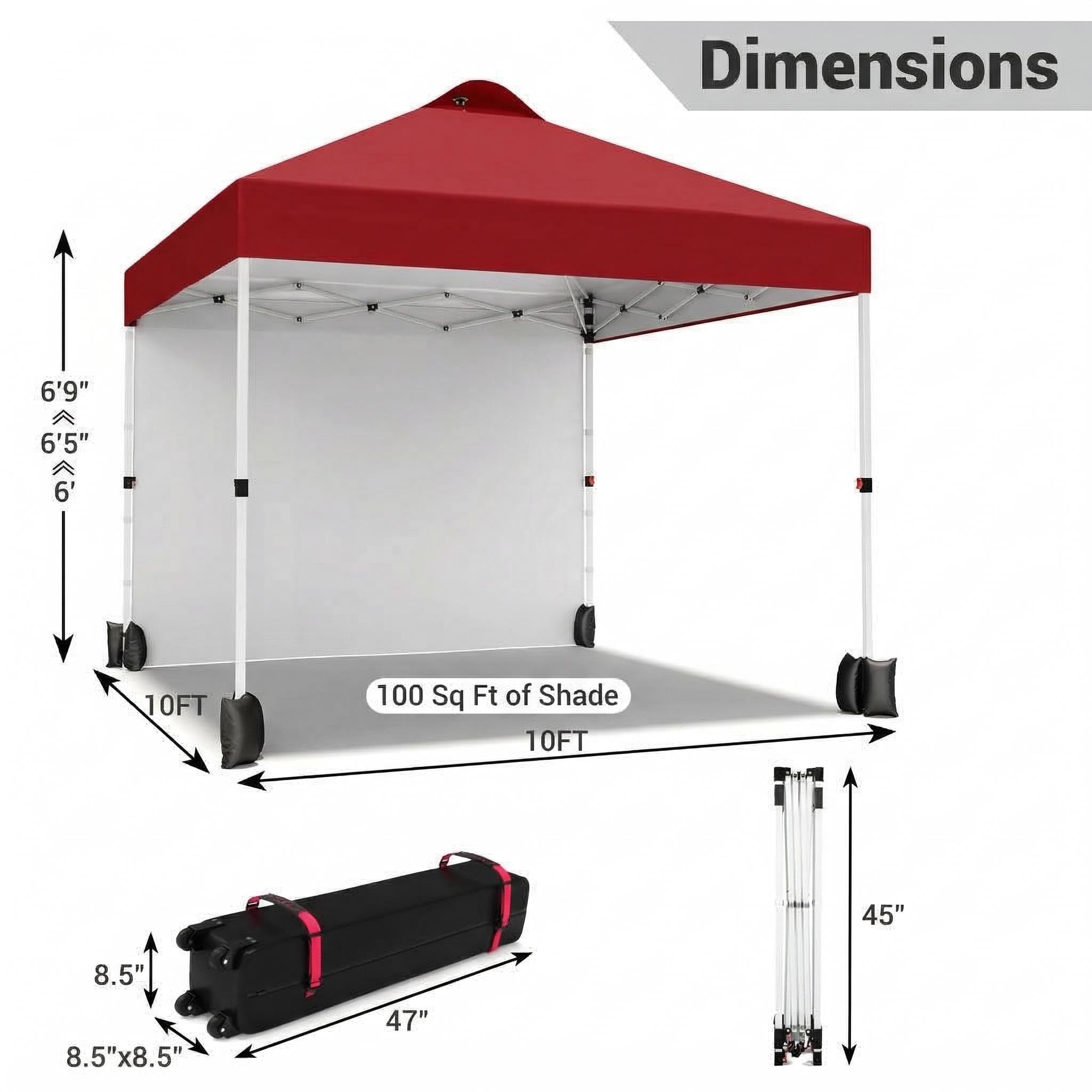 Garvee 10 × 10 FT Pop Up Canopy Tent, 150D Oxford Fabric, UPF 50+ Vented Roof, 1 Sidewall, 3 Adjustable Heights and Roller Bag for Outdoor Events, Red