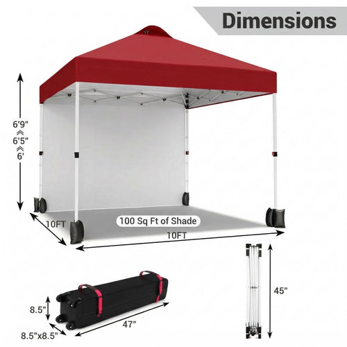 Garvee 10 × 10 FT Pop Up Canopy Tent, 150D Oxford Fabric, UPF 50+ Vented Roof, 1 Sidewall, 3 Adjustable Heights and Roller Bag for Outdoor Events, Red