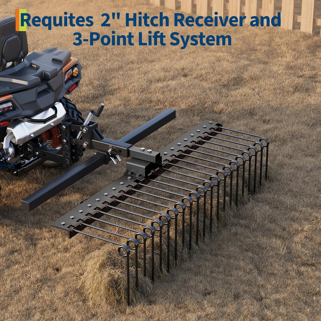 Garvee 48 in Pine Straw Rake Landscape Tool with 17 Spring Steel Tines, Steel Anti-Rust, Fits 2 in Receiver for Lawn Tractors ATV UTV