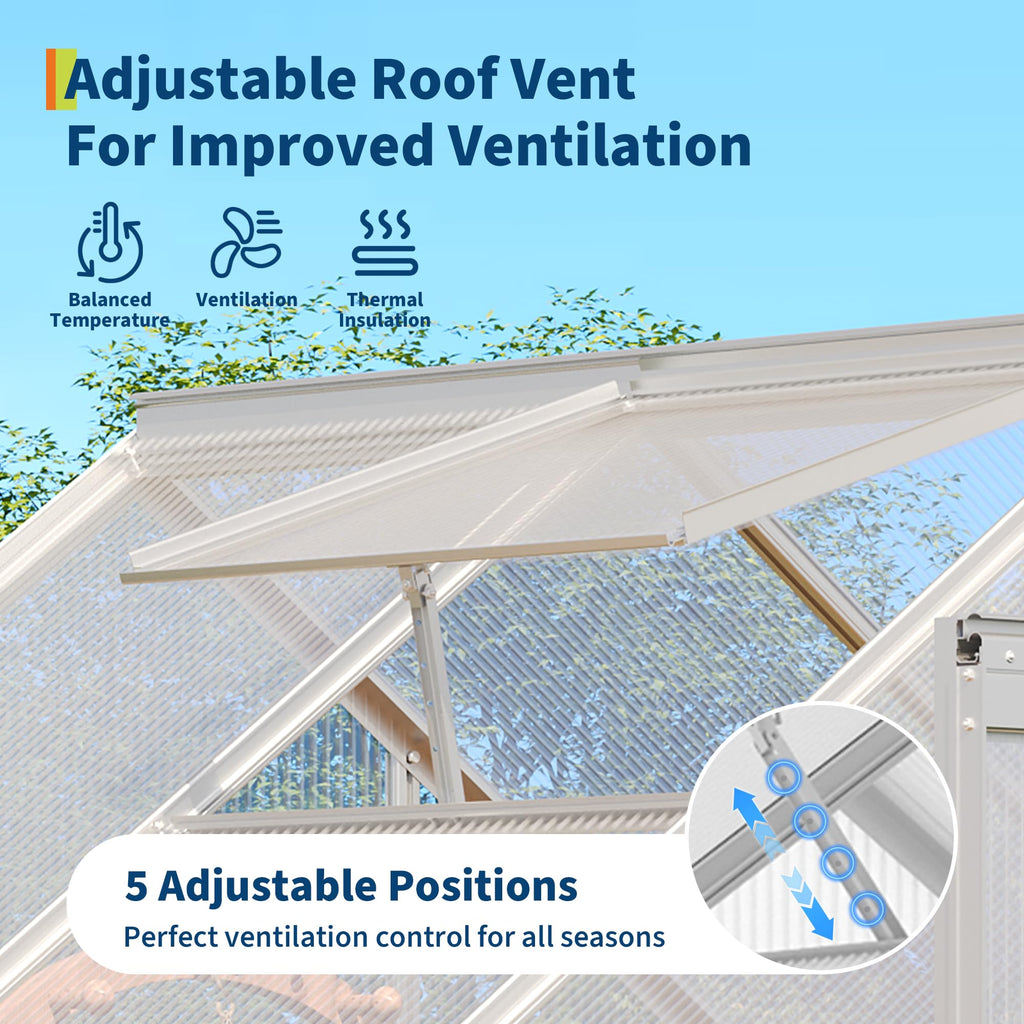 Garvee 6 x 3 FT Walk-In Greenhouse, 4 mm Twin-Wall Polycarbonate Panels, Aluminum Frame, Roof Vent, Sliding Door & Rain Gutters, Silver