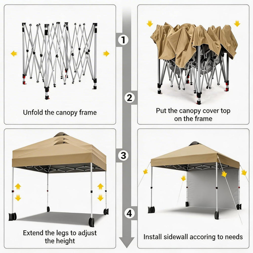 Garvee 10x10 Pop Up Canopy Tent with Sidewall, Instant Outdoor Canopy Shelter with Vented Roof, One Push Easy Setup Gazebo Includes Wheeled Storage Bag, Sandbags, Stakes & Ropes for Camping, Picnic & Backyard, Khaki