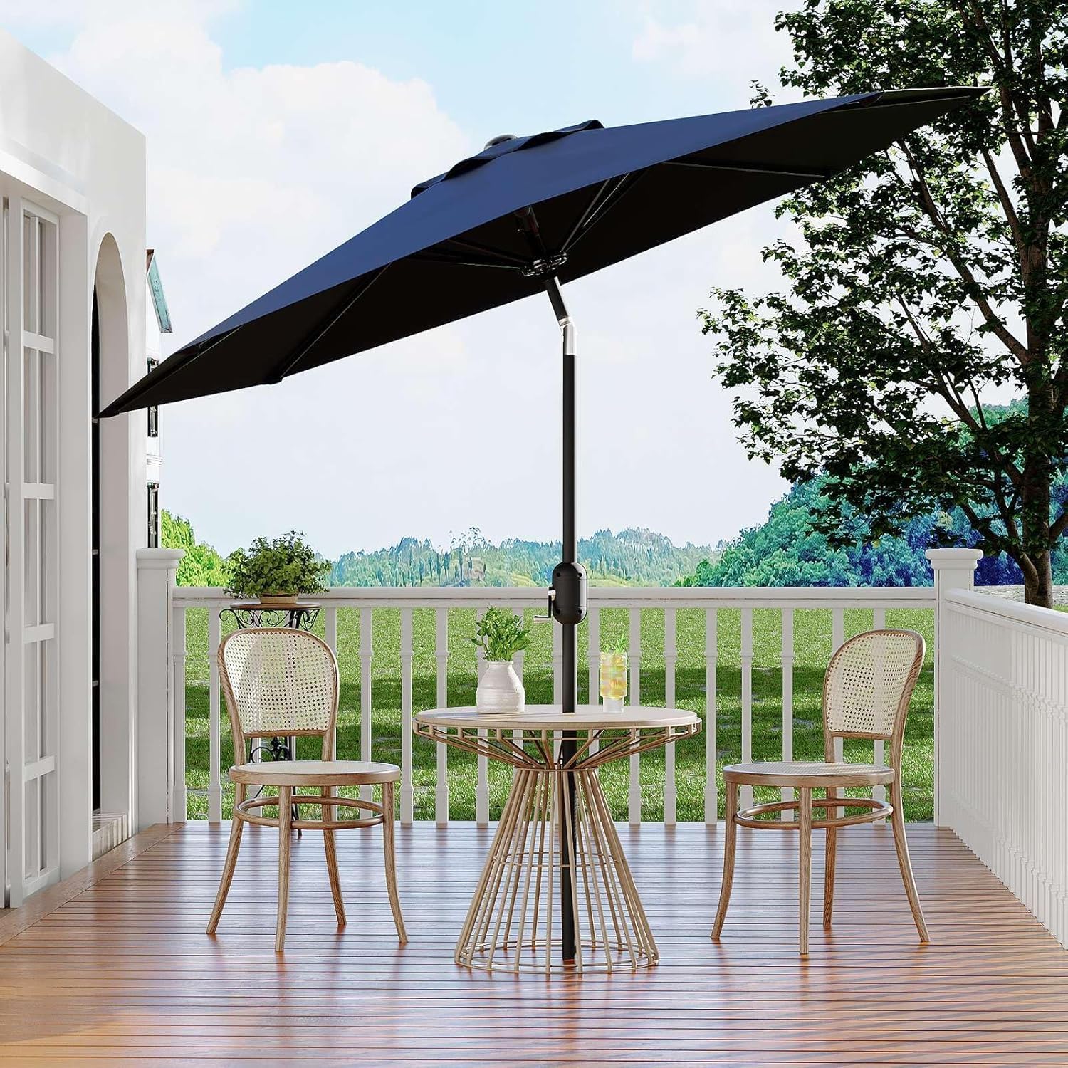 Garvee 9' Patio Table Umbrella, Crank Lift & Push Button Tilt, UV-Resistant Vented Market Umbrella with 8 Iron Ribs for Pool, Deck, Yard & Garden, Navy Blue