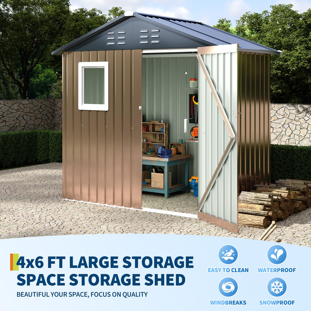 Garvee Outdoor Storage Shed, 6' × 4' Galvanized Steel Tool Shed with Window, Lockable Door, Air Vents, 27.95 Sq. Ft., 55–63 MPH Wind Rating, Brown