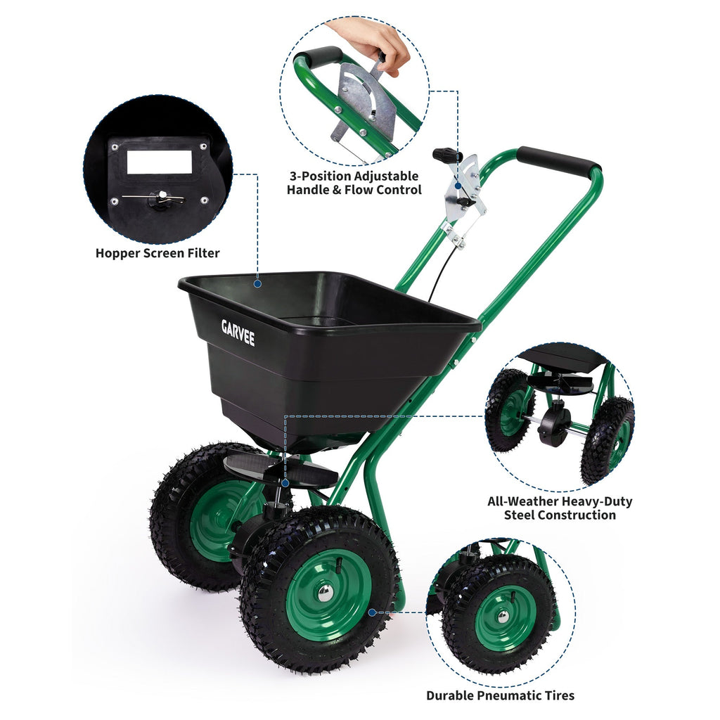 Garvee 80 lb Push Broadcast Spreader with 12' Spread Width, Adjustable Drop Rate, 10" Pneumatic Tires, Rain Cover & Gloves for Seed, Fertilizer, Salt and Ice Melt, Black & Dark Green