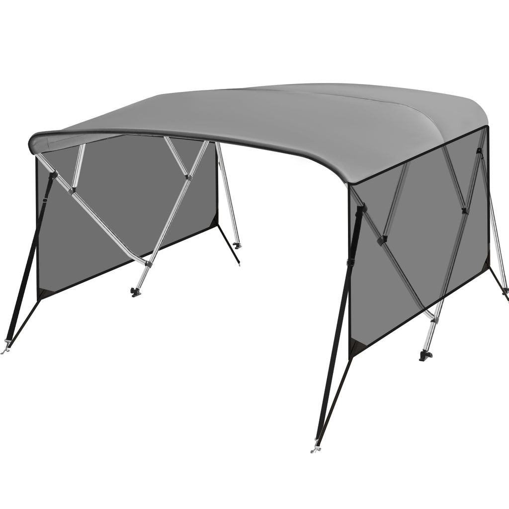 Garvee 4 Bow Bimini Top for Boats - 8'L x 54"H x 73"-78"W - 600D PU-Coated Light Gray Canvas Canopy with Translucent Side Curtains - 1" Aluminum Frame, UV Protection, Zippered Boot, Straps, Rear Support Poles - Color: Light Gray (Translucent Side Curtain)