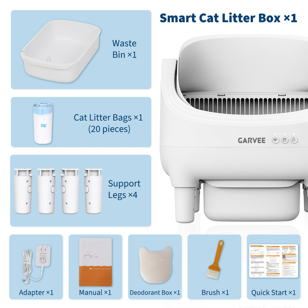 Garvee Self-Cleaning Cat Litter Box with App Control, Automatic Litter Box with Odor-Free 10.5L Bin, Whisper-Quiet, 7-Layer Safety, Open-Top Design for Large & Multiple Cats, White