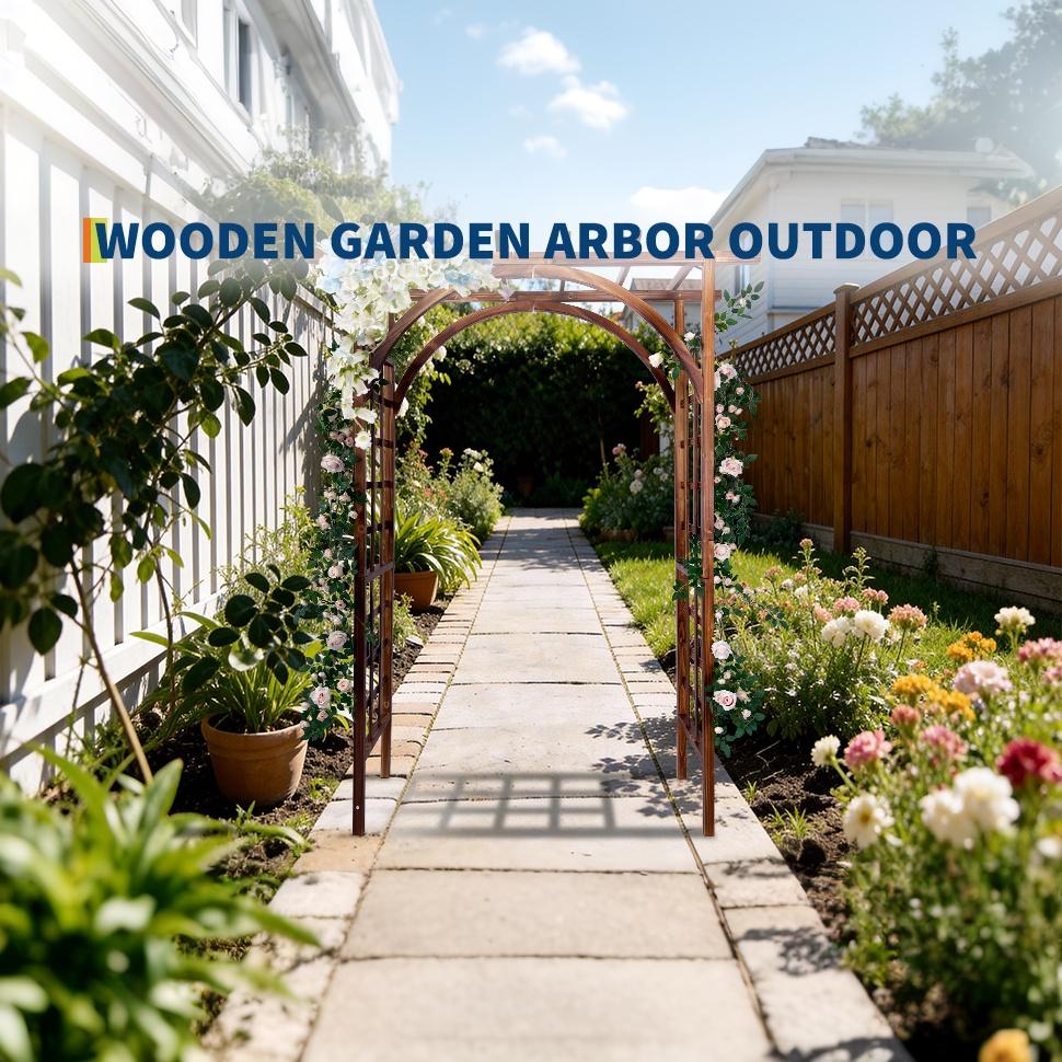 Garvee 85-Inch Wooden Garden Arbor Trellis, Fir Wood Pergola Arch for Climbing Plants, Wedding, Patio, Lawn & Backyard, Dark Brown, Arched & Flat Top