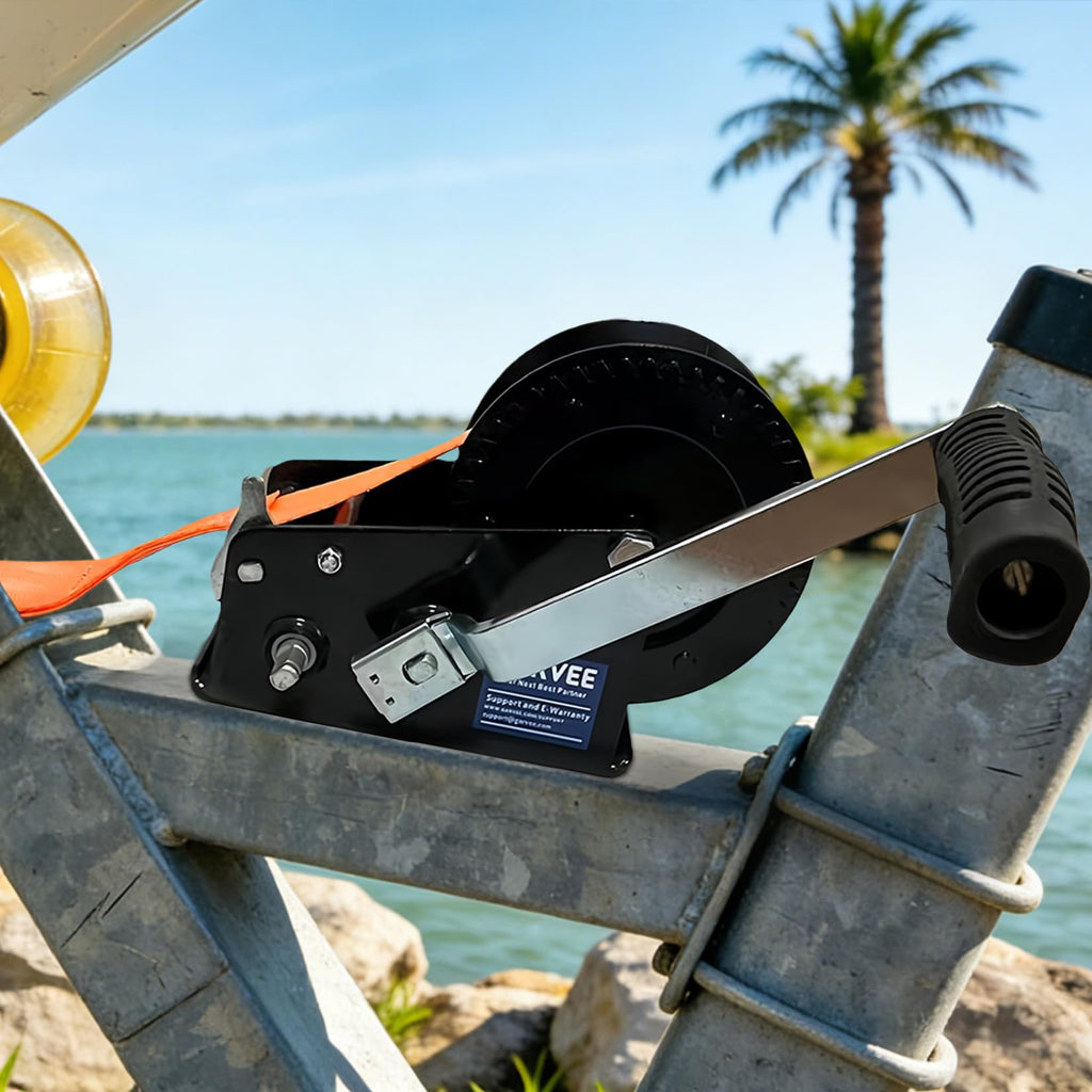 Garvee 3500lbs Heavy Duty Boat Trailer Winch with 33FT Strap, Dual-Speed 4:1/8:1 Gear Ratio & 2-Way Ratchet, Professional Hand Crank Winch for Pulling Boat, Trailer, Truck, RV, ATV, Jet Ski