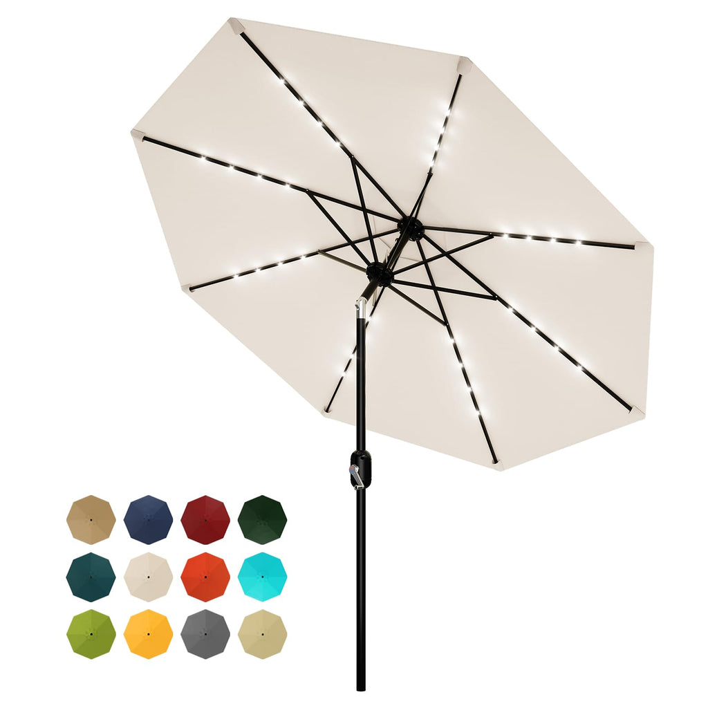 Garvee 10 FT Patio Umbrella with Solar Lights, Outdoor Table Umbrella with 8 Durable Ribs, Tilt & Crank Mechanism, Waterproof & UV Protection for Garden, Backyard, Poolside, Beige