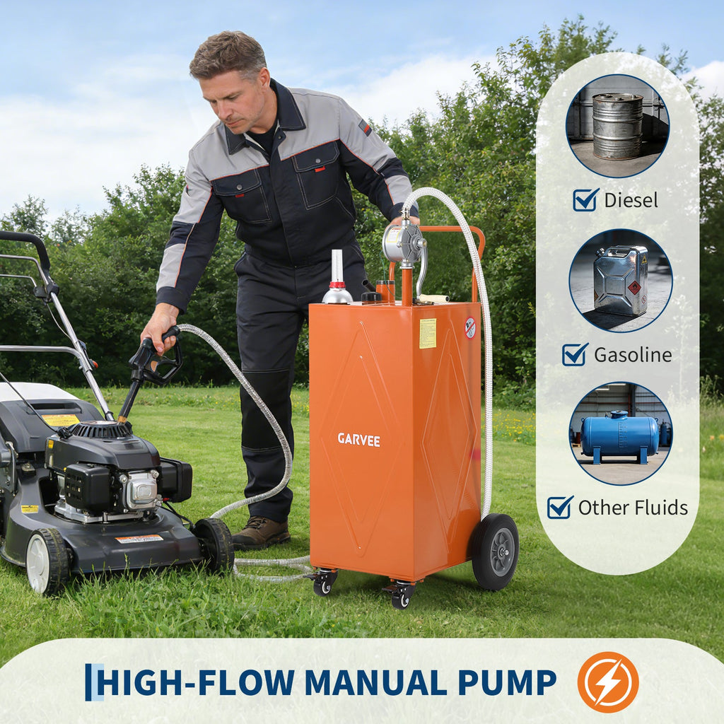 Garvee 35 Gallon Heavy-Duty Steel Fuel Caddy with Manual Rotary Pump – Mobile Gasoline & Fuel Injector Transfer Tank on Reinforced 4 All-Terrain Wheels – Portable Storage Container for Trucks, Boats, ATVs, Lawn Mowers, Farm Equipment – Orange – Reinforced