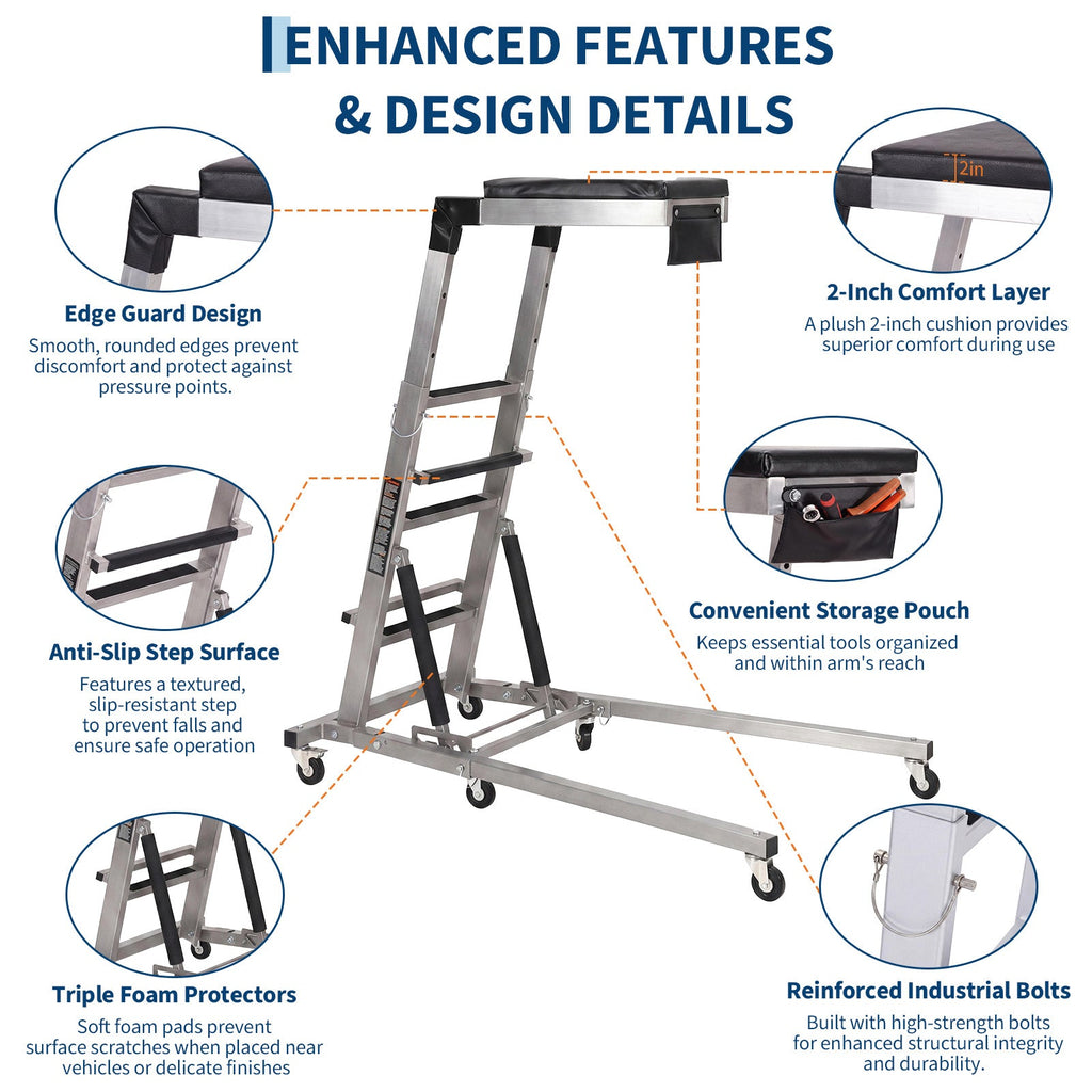 Garvee Heavy-Duty Adjustable Topside Engine Creeper, 400 lbs Capacity, Collapsible Design with 4 Swivel Wheels, Padded Deck, Height Adjustable (45"-66") - Rolling Workshop Creeper for Truck & Auto Repair, Silver