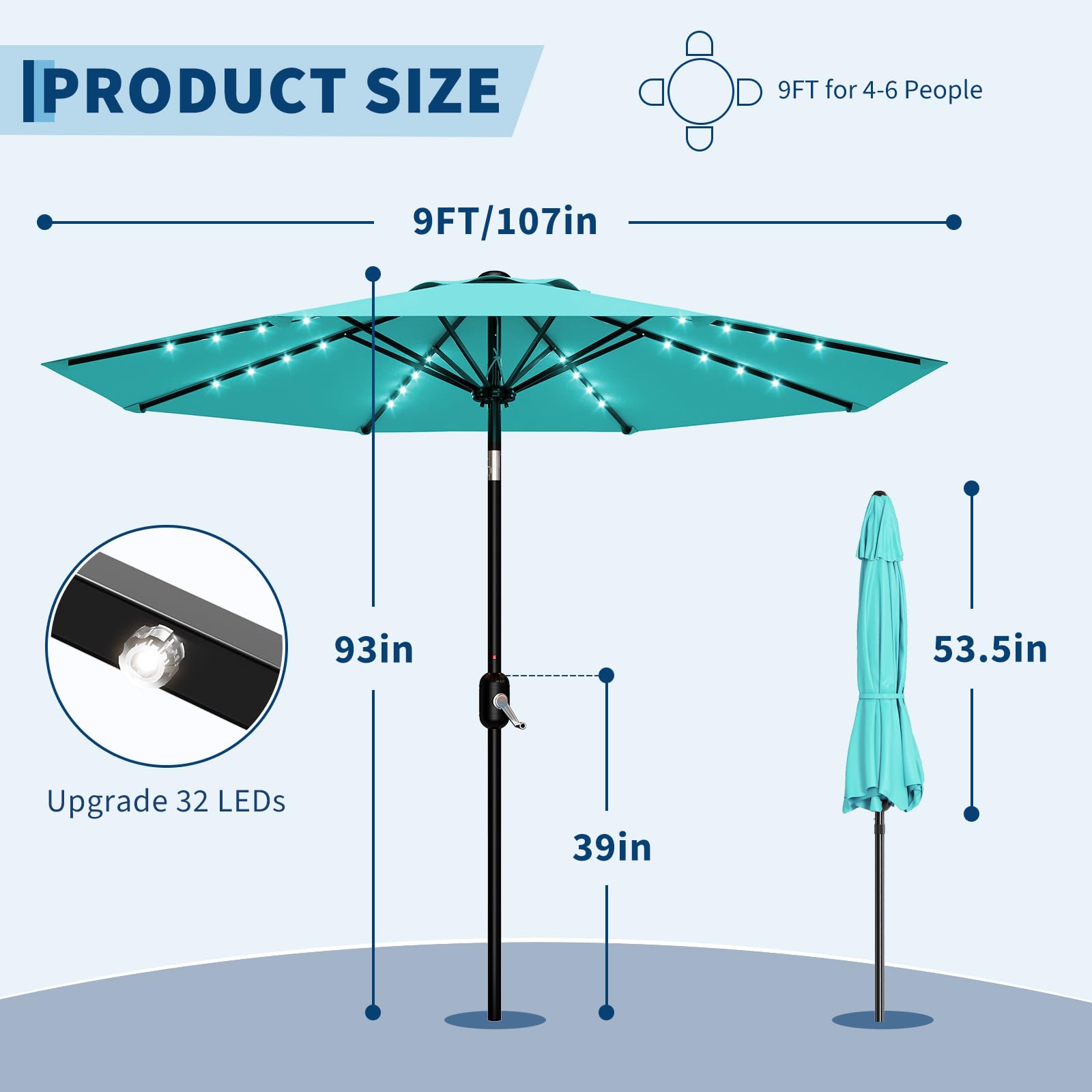 Garvee 9FT Solar LED Patio Umbrella with 32 Lights, Tilt & Crank Outdoor Market Umbrella, UV & Water Resistant, 8 Ribs Sunshade for Garden, Deck, Pool & Table, Light Blue