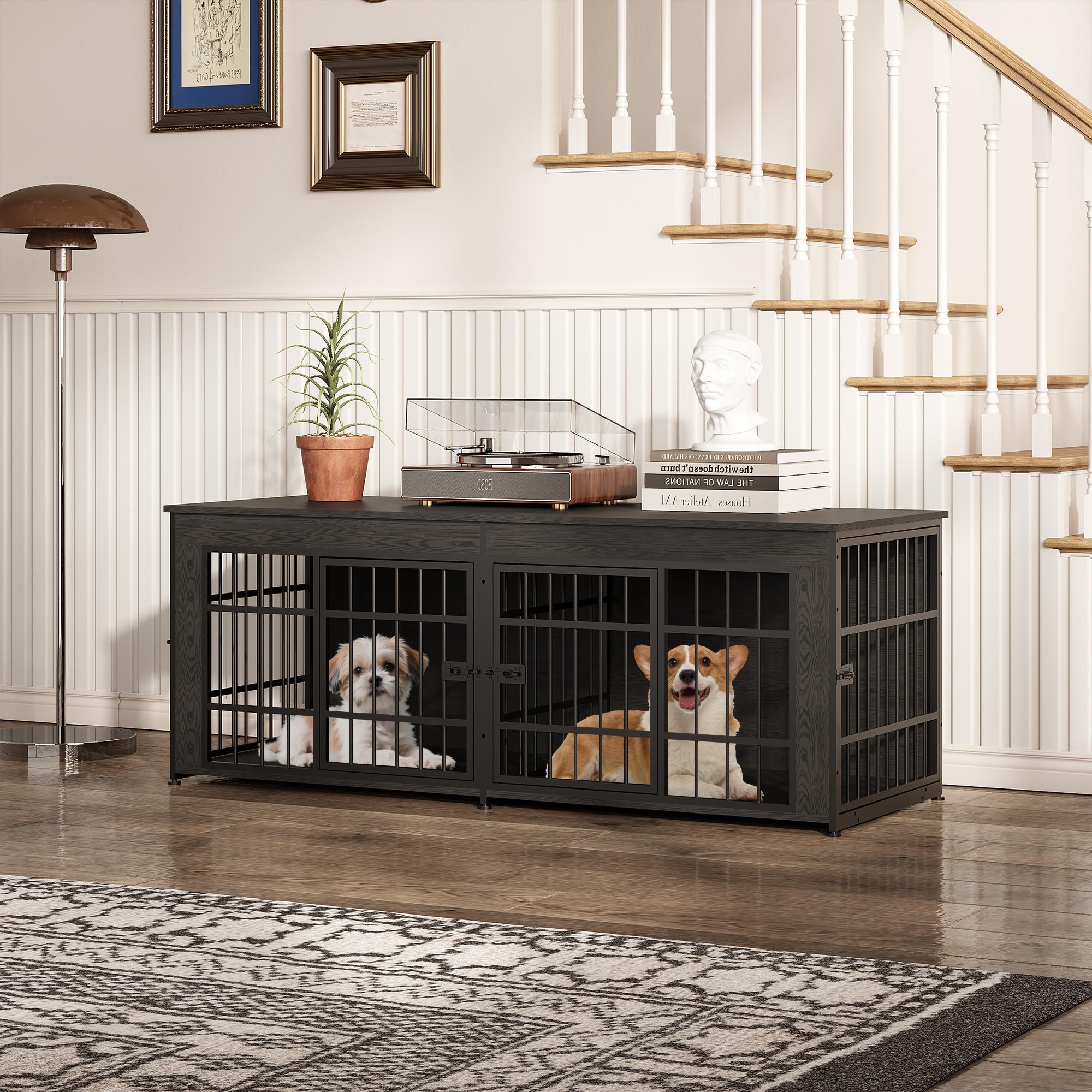 Garvee Double Dog Crate Furniture with Divider – Heavy Duty Wooden Dog House TV Stand – 3-in-1 Indoor Kennel End Table for Medium and Large Dogs – Adjustable Feet, Easy Assembly – Gray