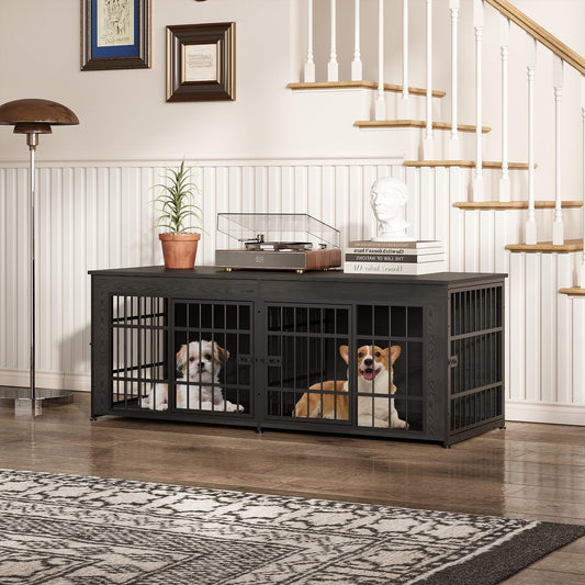 Garvee Double Dog Crate Furniture with Divider – Heavy Duty Wooden Dog House TV Stand – 3-in-1 Indoor Kennel End Table for Medium and Large Dogs – Adjustable Feet, Easy Assembly – Gray