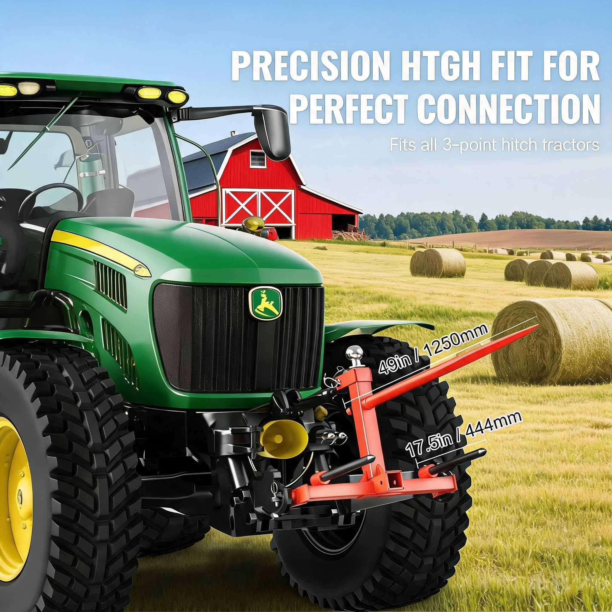 Garvee Heavy Duty 49" Hay Spear Tractor Attachment, 1600lbs Capacity 3-Point Hitch Attachment with Stabilizer Spears, Red