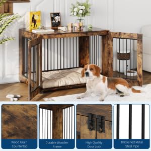 Garvee Rustic Farmhouse Dog Crate Furniture - Large Indoor Wooden & Metal Kennel Table with 3 Doors - Heavy Duty, Multi-Use Pet House for Small, Medium & Large Dogs - Brown, Large