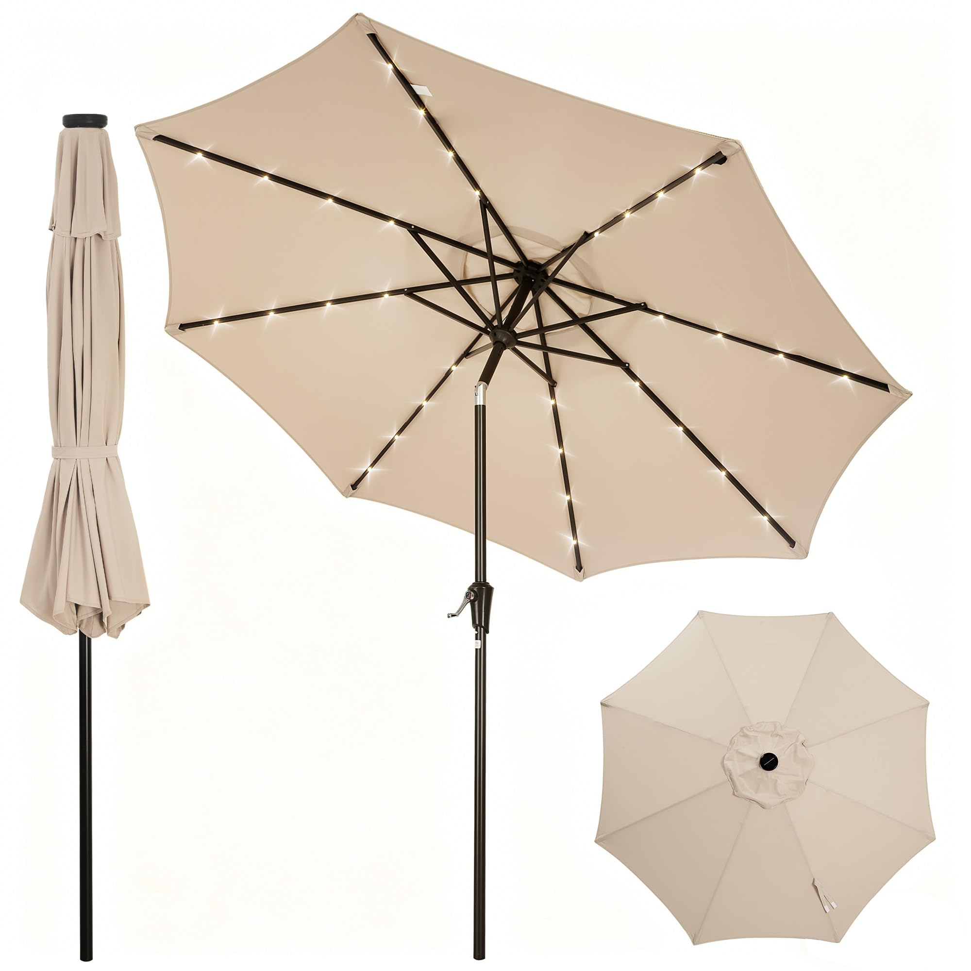 Garvee 10 FT Solar LED Patio Umbrella, Outdoor Market Table Umbrella with 32 Lights, Push-Button Tilt, Crank Lift & 8 Iron Ribs for Deck, Garden, Backyard and Pool, Beige