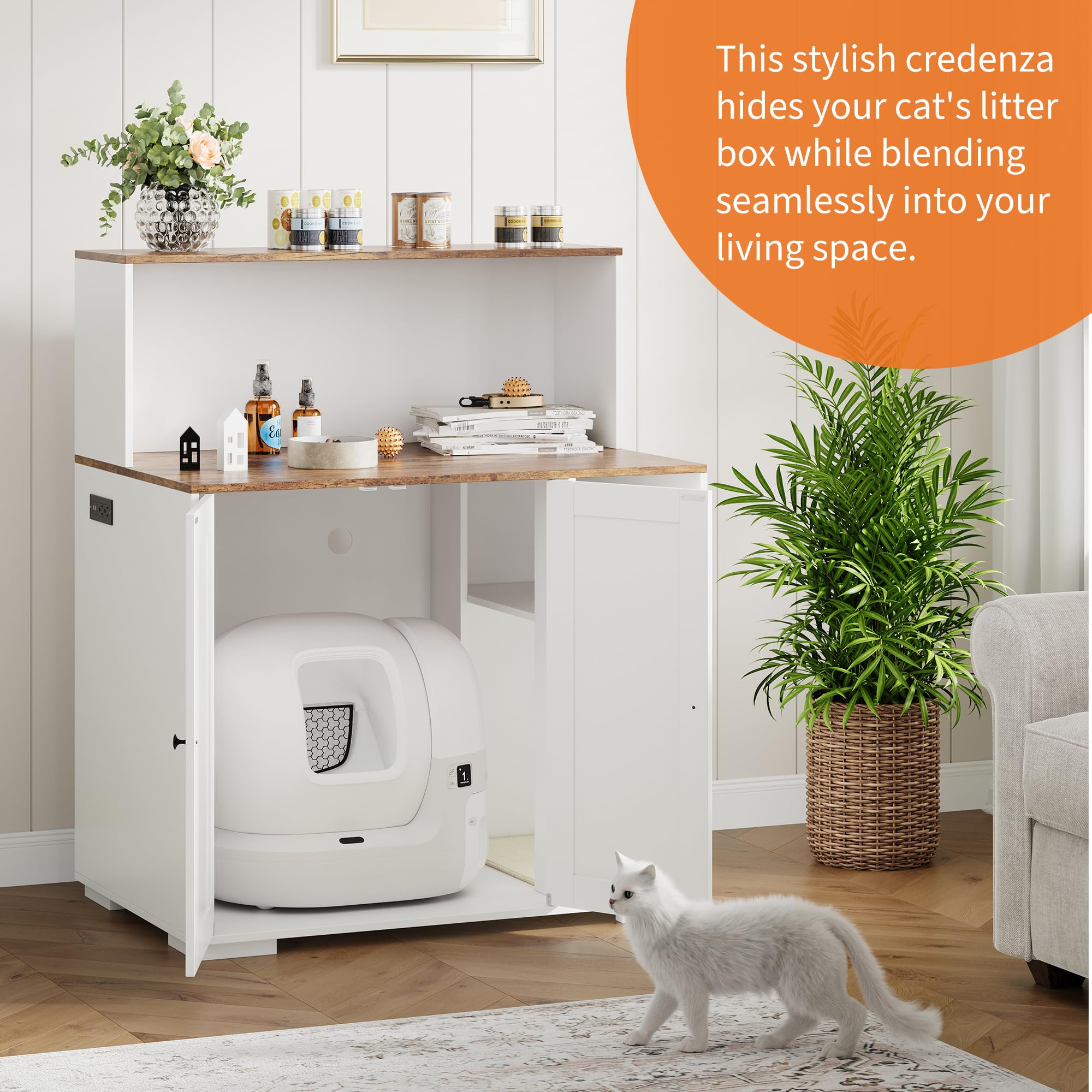 Garvee Dog-Proof Large Cat Litter Box Enclosure with Scratch Pad, Large Automatic Litter Box Furniture for Placing Self-Cleaning Litter Box,Litter Cabinet with Outlet ,Space for Cat Stuffs