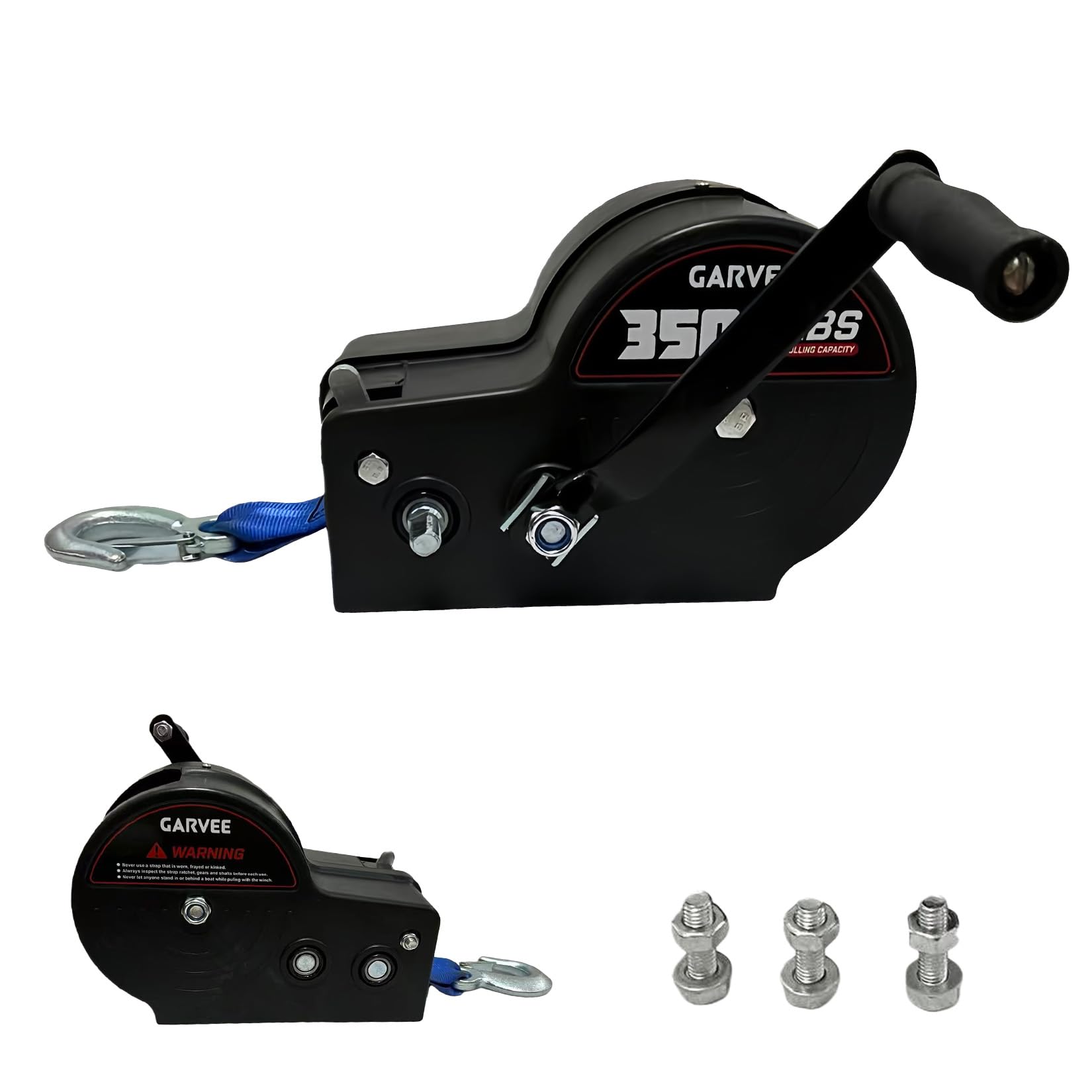Garvee 3500 lbs Heavy-Duty Boat Trailer Winch - Hand Crank Winch with 33ft Strap, 4:1/8:1 Gear Ratio for Towing and Pulling Boats, Trailers, Trucks, RVs, ATVs, Jet Skis, and Off-Road Recovery, Blue