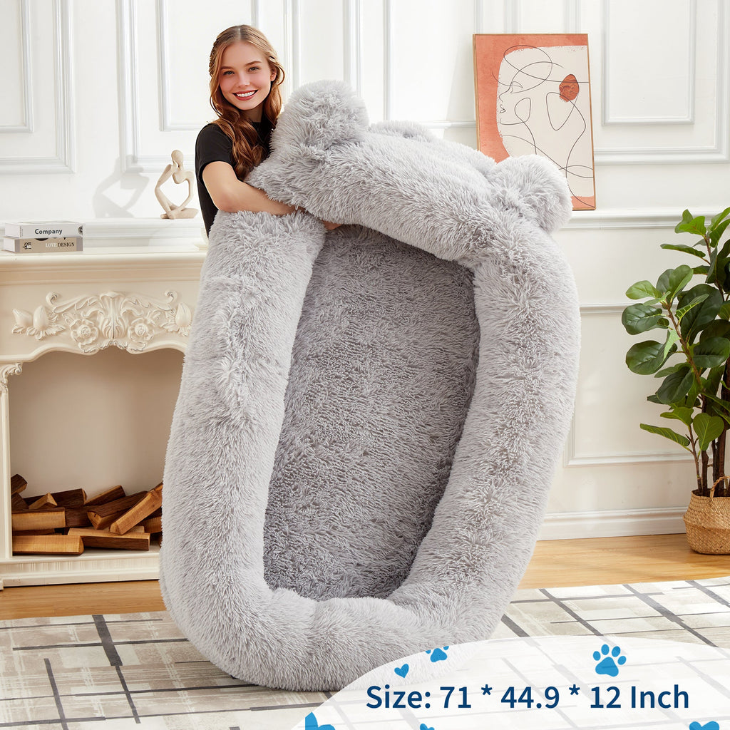 Garvee Human Dog Bed, 71 in x45 in x12 in Large Dog Bed with Blanket, Storage Pockets, Portable Handle, Removable Cover, Human Size Pet Bed for Adult, Gray