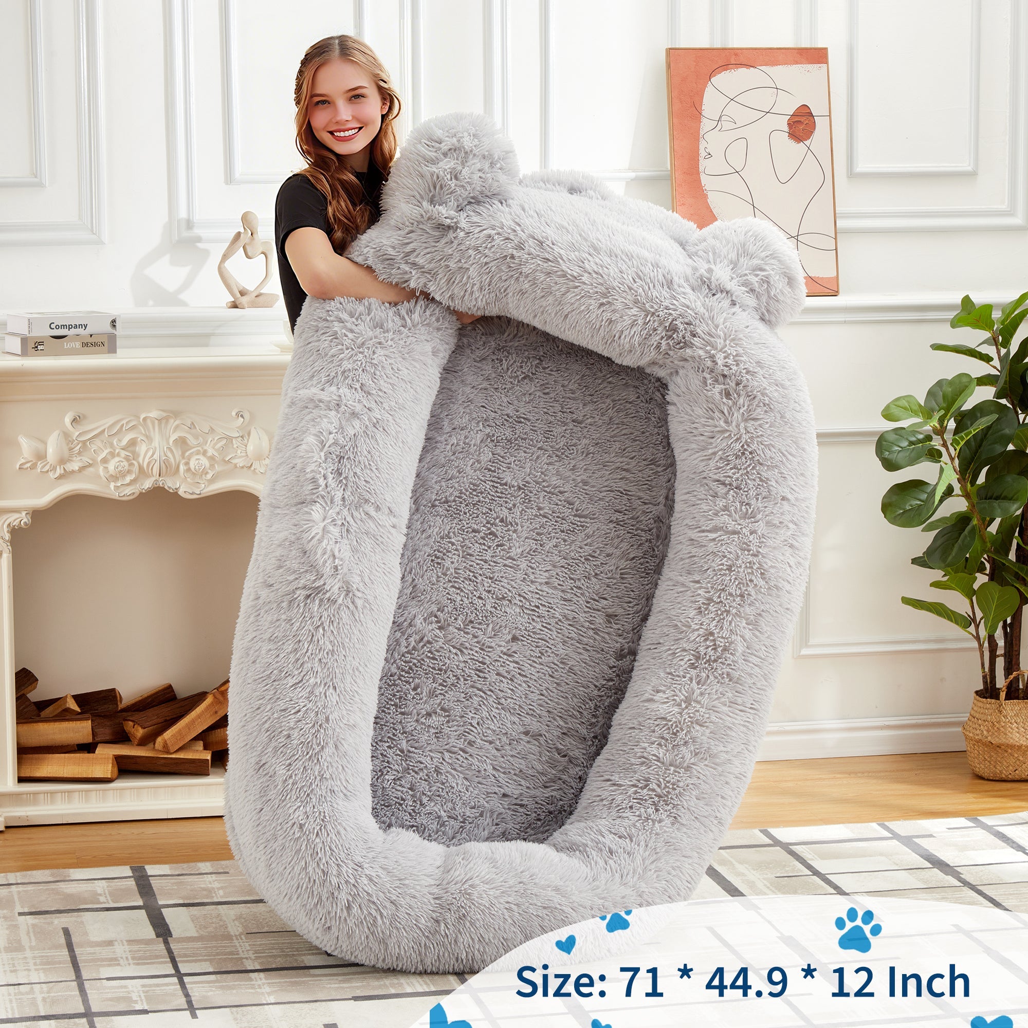 Garvee Human Dog Bed, 71 in x45 in x12 in Large Dog Bed with Blanket, Storage Pockets, Portable Handle, Removable Cover, Human Size Pet Bed for Adult, Gray